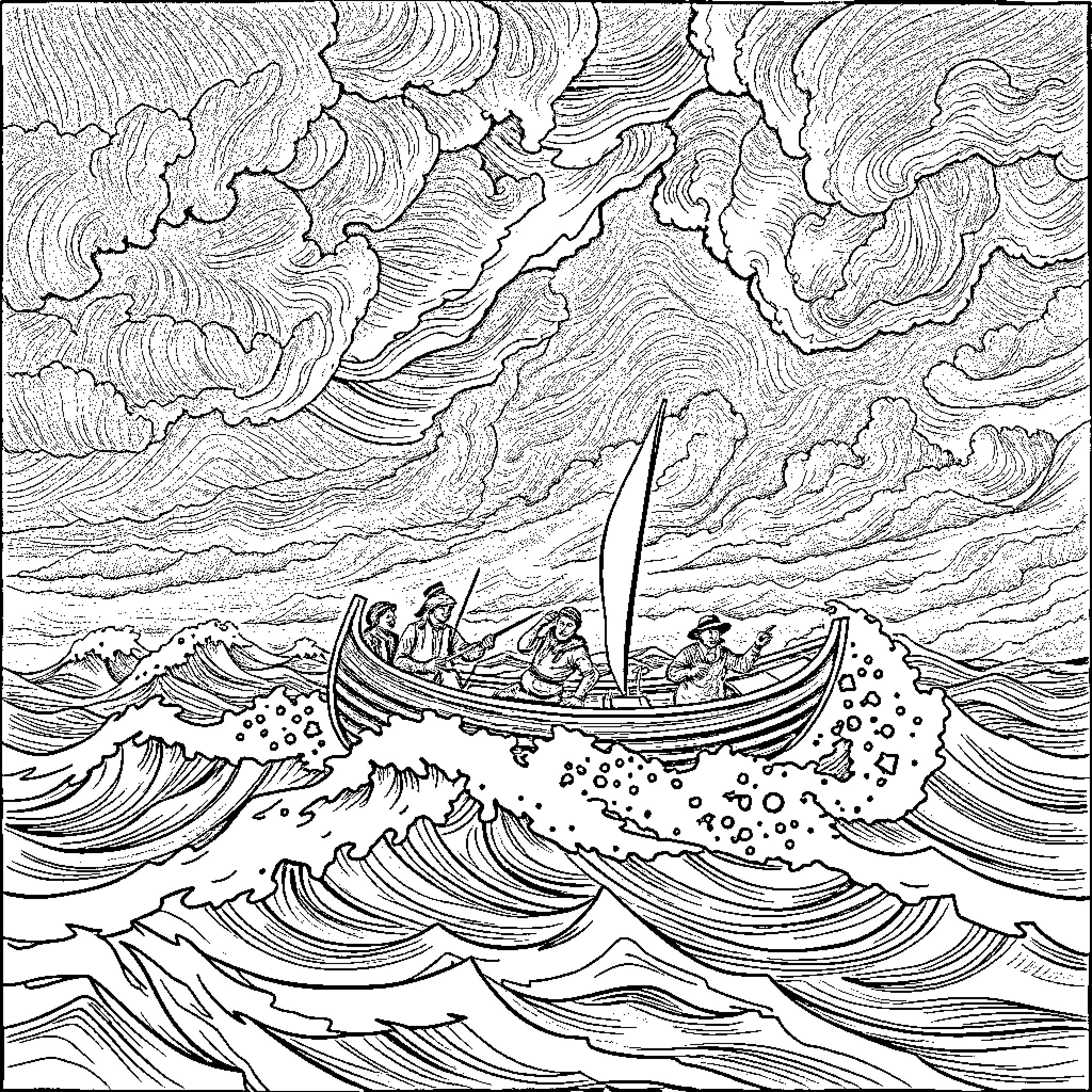 Storm Brewing: Sailors Navigating Treacherous Waves Coloring Page (free black-and-white line drawing printable PDF for all, from beginners to advanced learners, including children, teens, adults, and seniors)