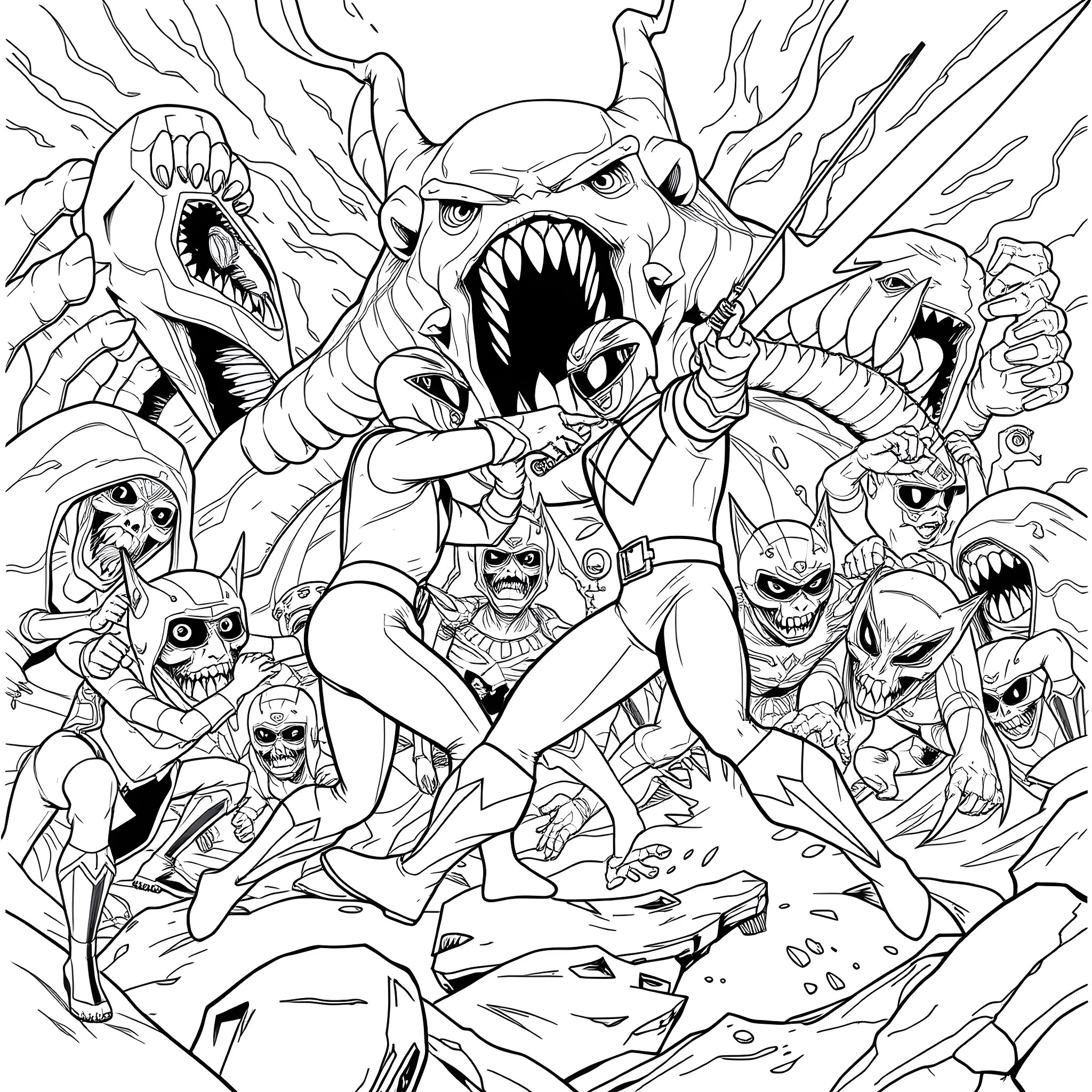 Power Ranger Battles Ferocious Monster Horde Coloring Page (free black-and-white line drawing printable PDF for all, from beginners to advanced learners, including children, teens, adults, and seniors)