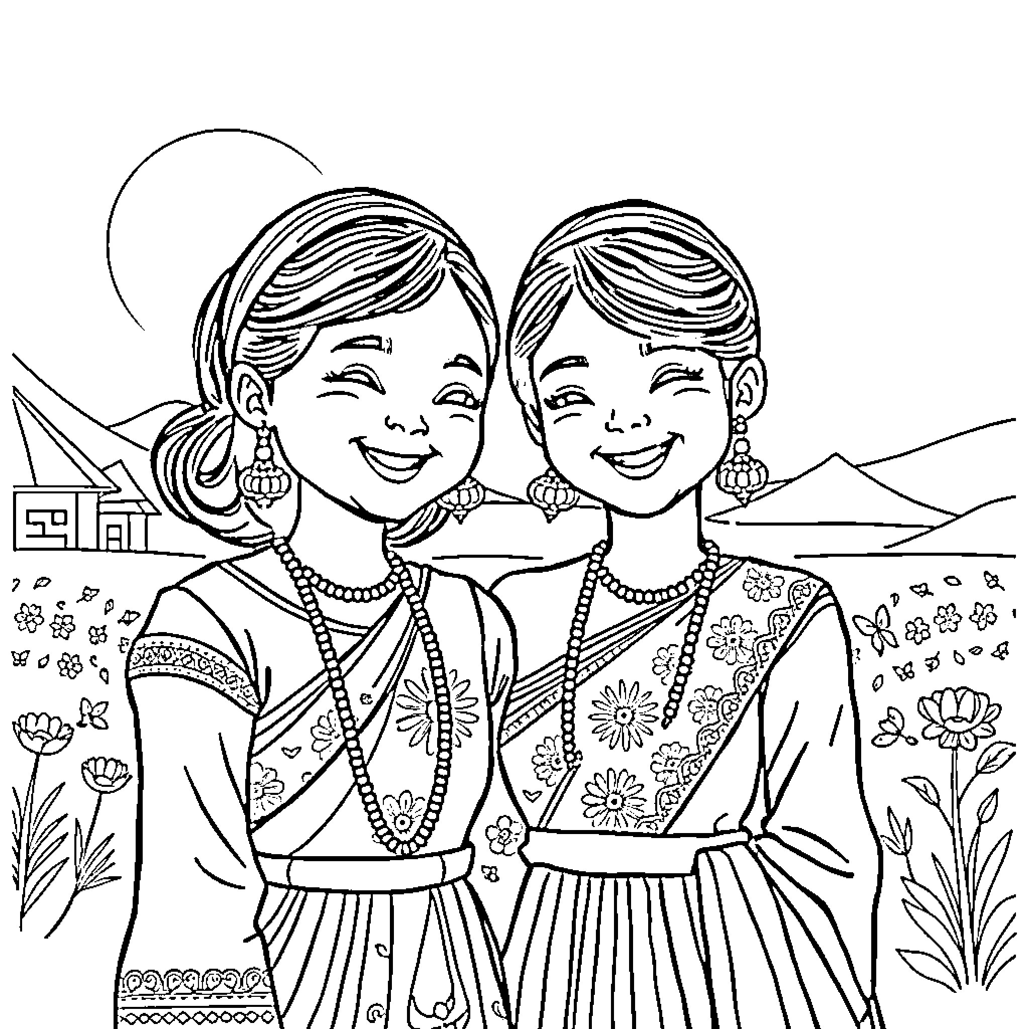 Bini Girls in Traditional Attire and Smiles Coloring Page (free black-and-white line drawing printable PDF for all, from beginners to advanced learners, including children, teens, adults, and seniors)
