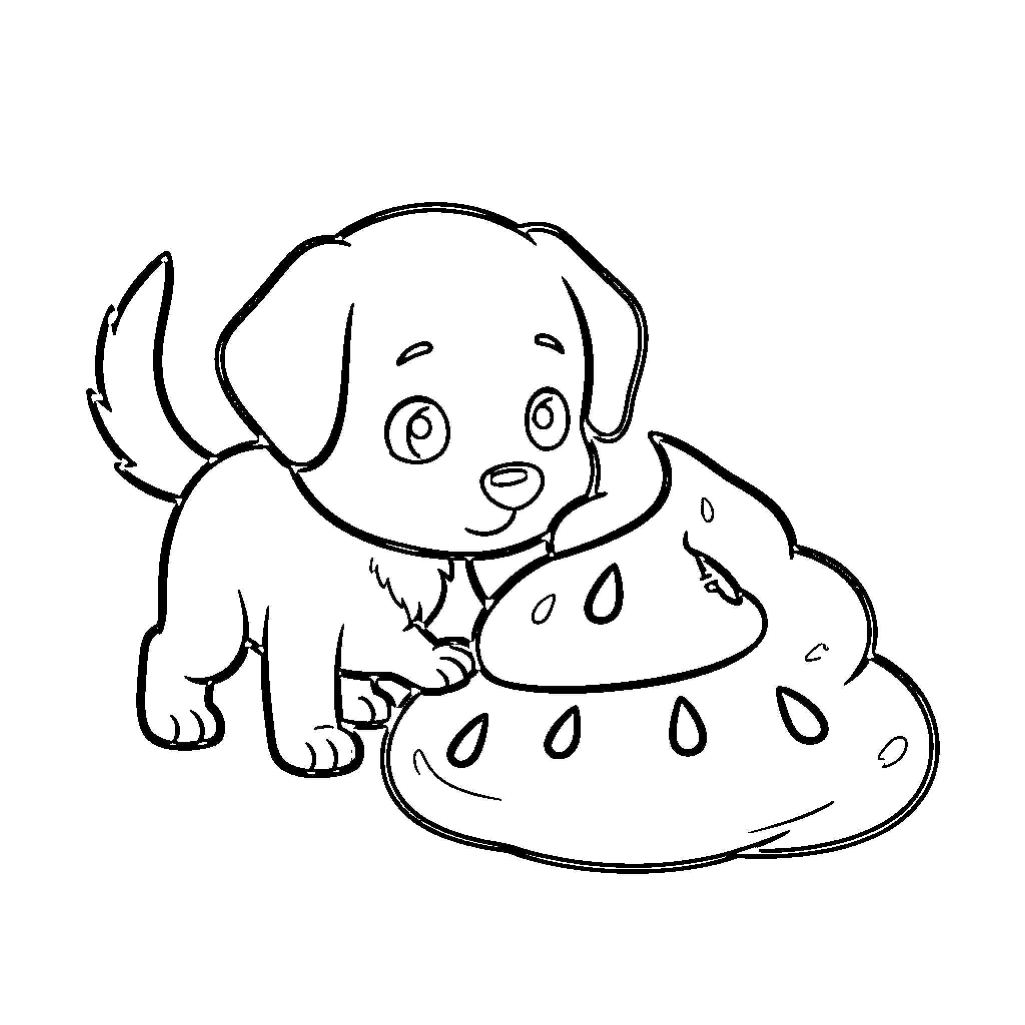 Poop sits next to a curious little puppy Coloring Page (free black-and-white line drawing printable PDF for all, from beginners to advanced learners, including children, teens, adults, and seniors)