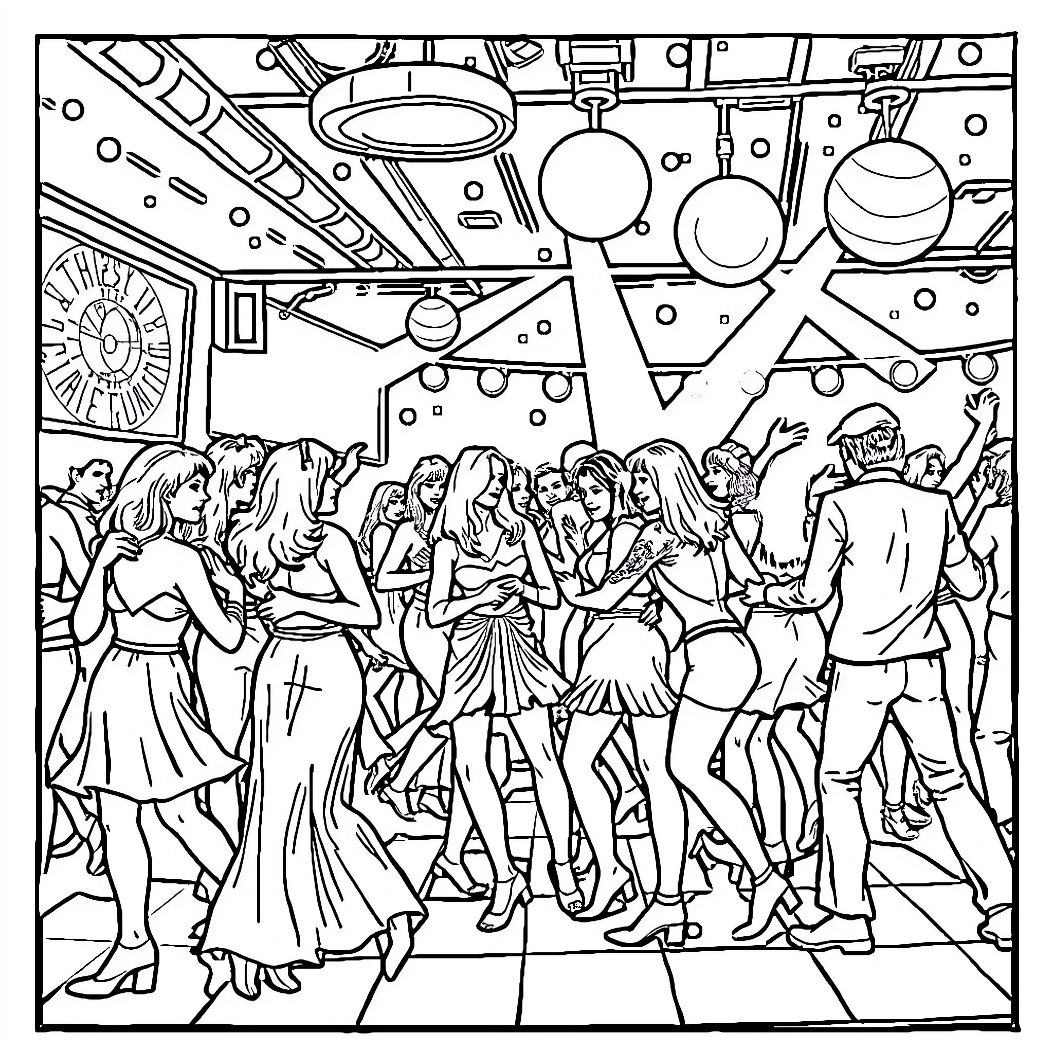 Dancer performing in a lively nightclub setting Coloring Page (free black-and-white line drawing printable PDF for all, from beginners to advanced learners, including children, teens, adults, and seniors)