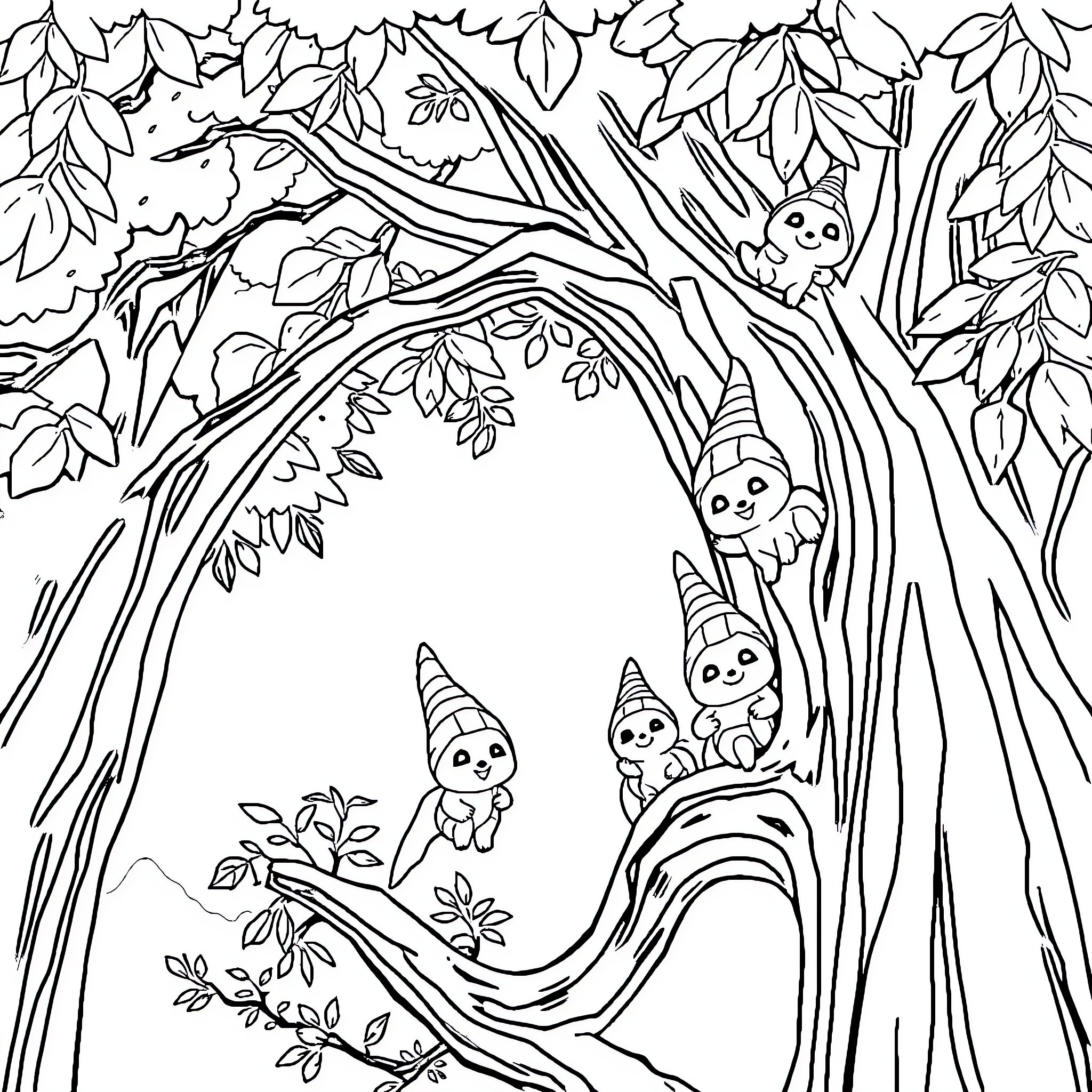 Korok friends in the enchanted forest Coloring Page (free black-and-white line drawing printable PDF for all, from beginners to advanced learners, including children, teens, adults, and seniors)