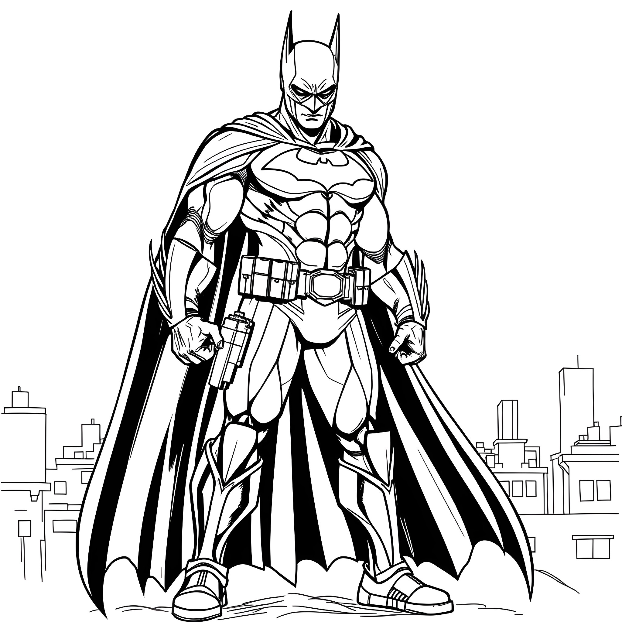 Batman Wolverine clash in the city Coloring Page (free black-and-white line drawing printable PDF for all, from beginners to advanced learners, including children, teens, adults, and seniors)