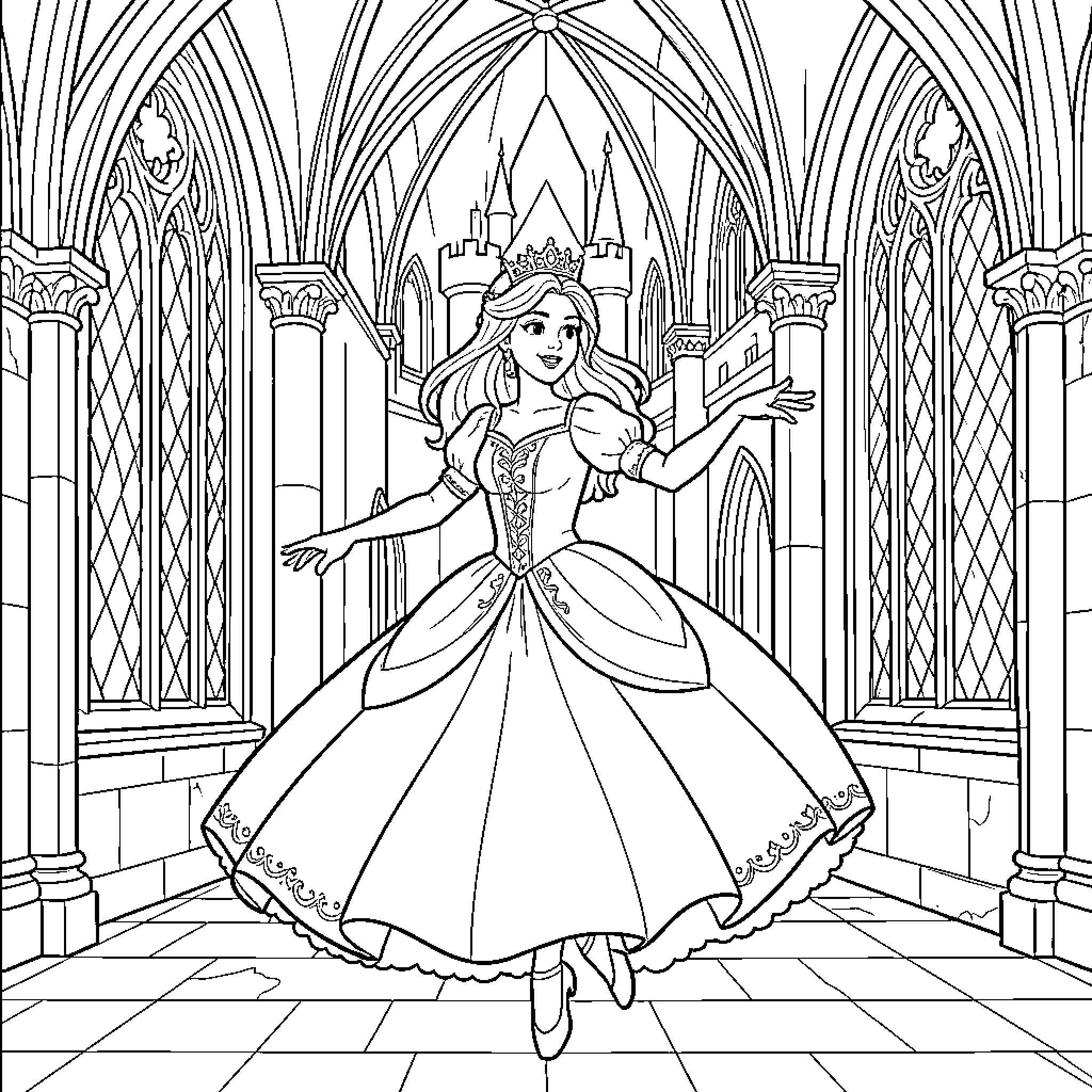 Princess dancing gracefully in a grand castle hall Coloring Page (free black-and-white line drawing printable PDF for all, from beginners to advanced learners, including children, teens, adults, and seniors)