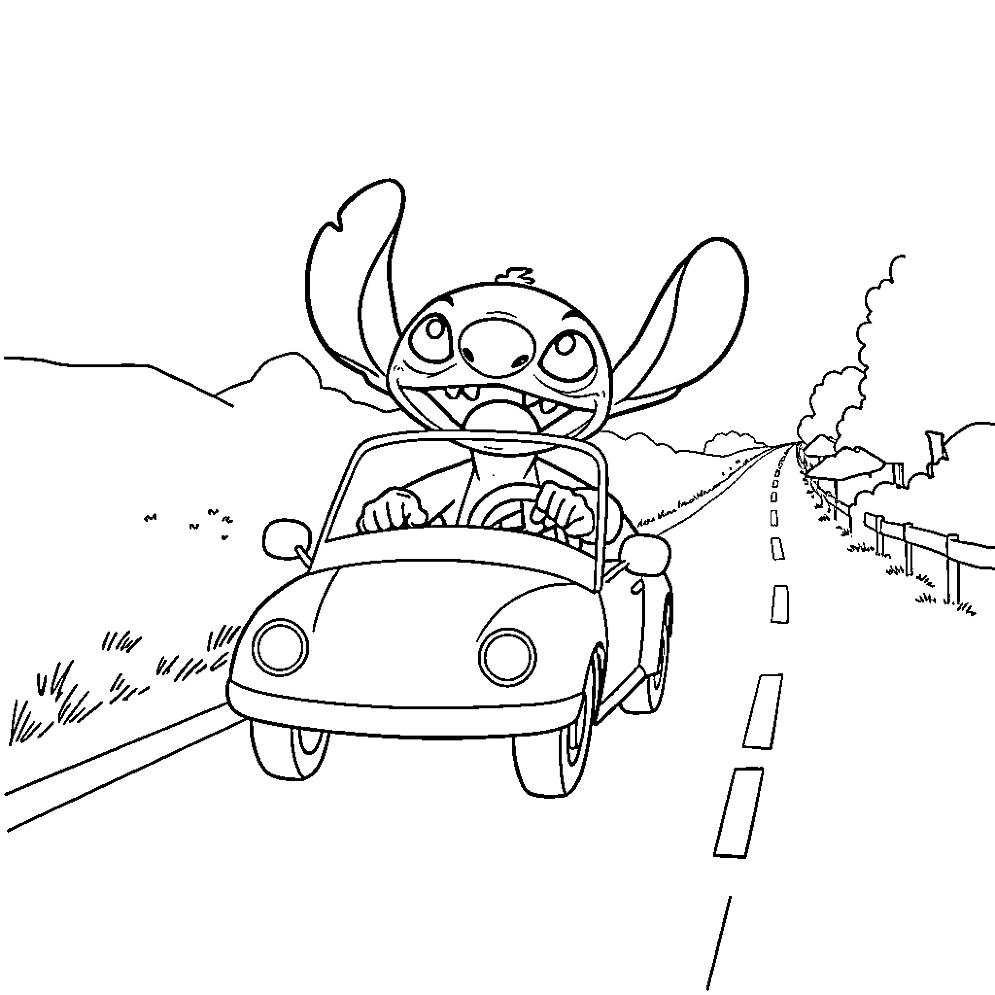 Stitch joyfully driving a car on the road Coloring Page (free black-and-white line drawing printable PDF for all, from beginners to advanced learners, including children, teens, adults, and seniors)