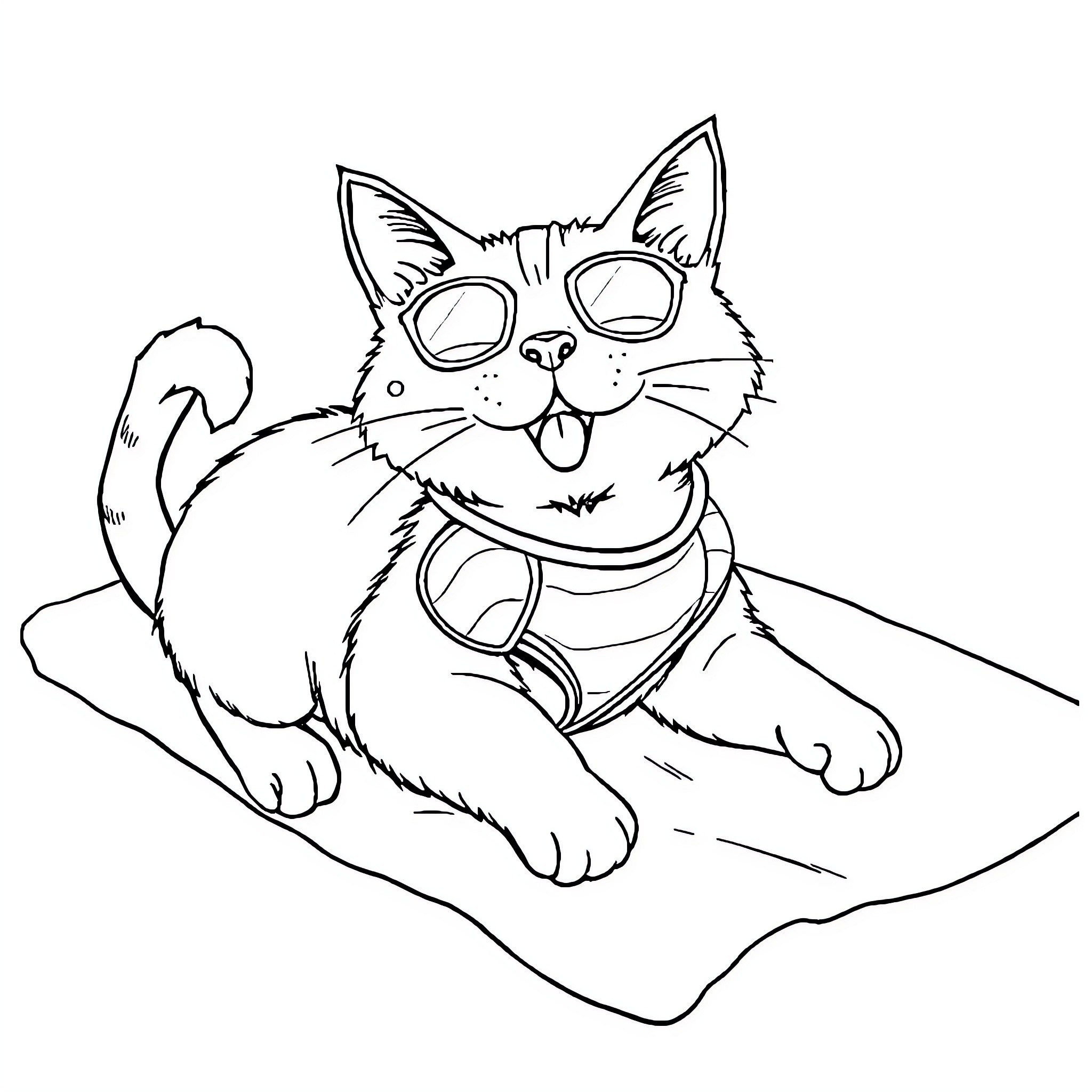 Cat wearing sunglasses and lounging on a cushion Coloring Page (free black-and-white line drawing printable PDF for all, from beginners to advanced learners, including children, teens, adults, and seniors)