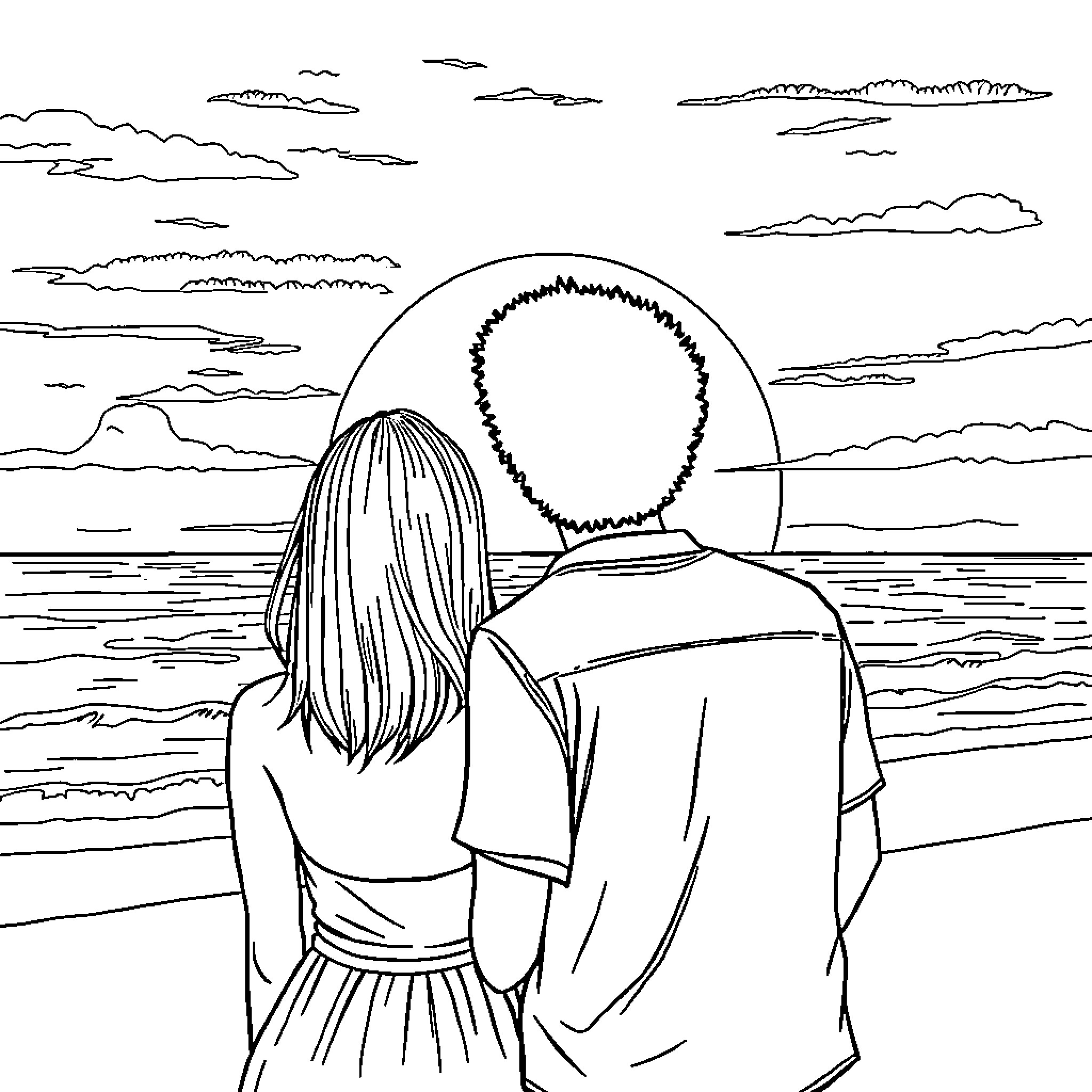 Woman and man gazing at sunset over the ocean Coloring Page (free black-and-white line drawing printable PDF for all, from beginners to advanced learners, including children, teens, adults, and seniors)