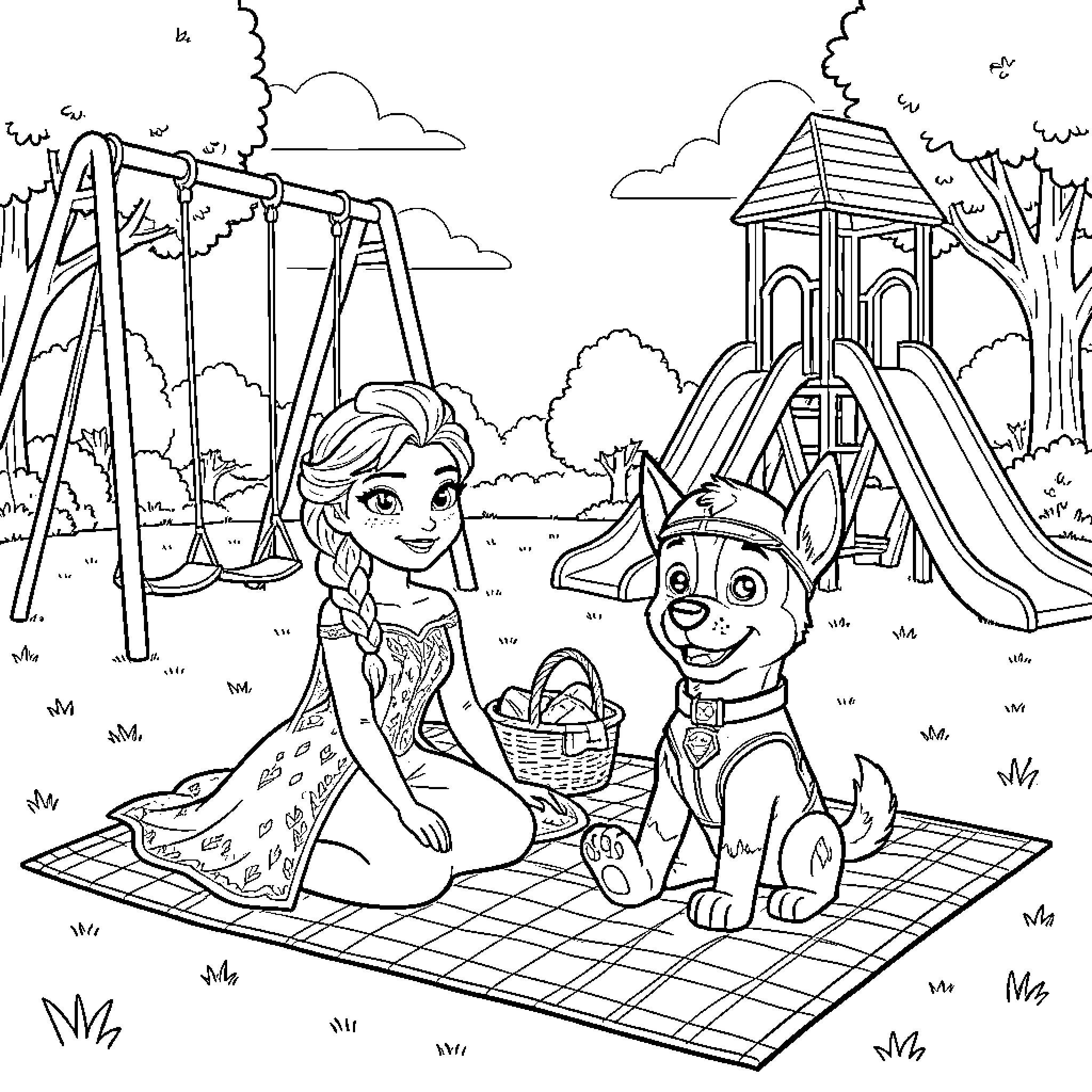 Elsa sitting on a picnic blanket with a puppy Coloring Page (free black-and-white line drawing printable PDF for all, from beginners to advanced learners, including children, teens, adults, and seniors)