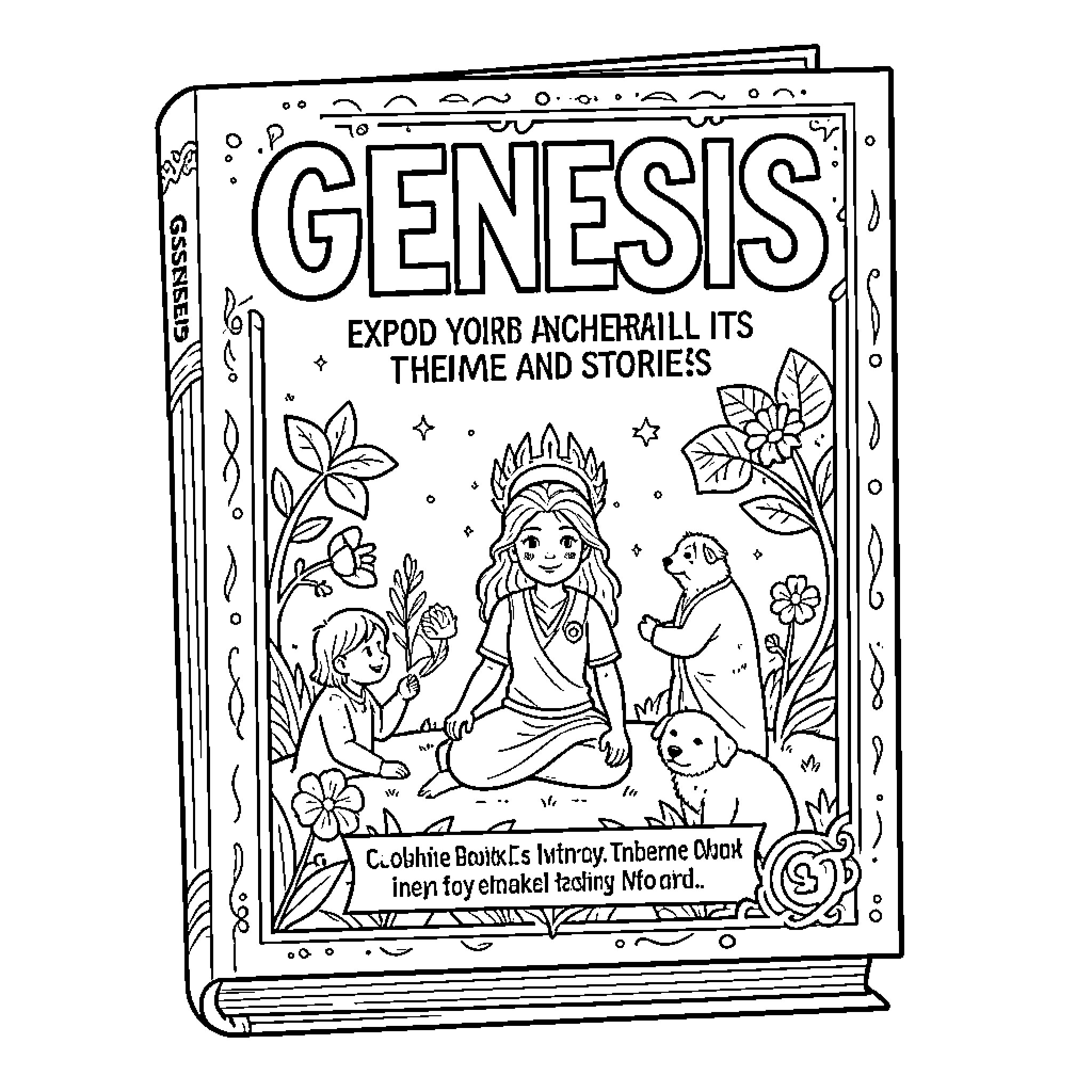 Genesis featuring a girl sitting with animals Coloring Page (free black-and-white line drawing printable PDF for all, from beginners to advanced learners, including children, teens, adults, and seniors)