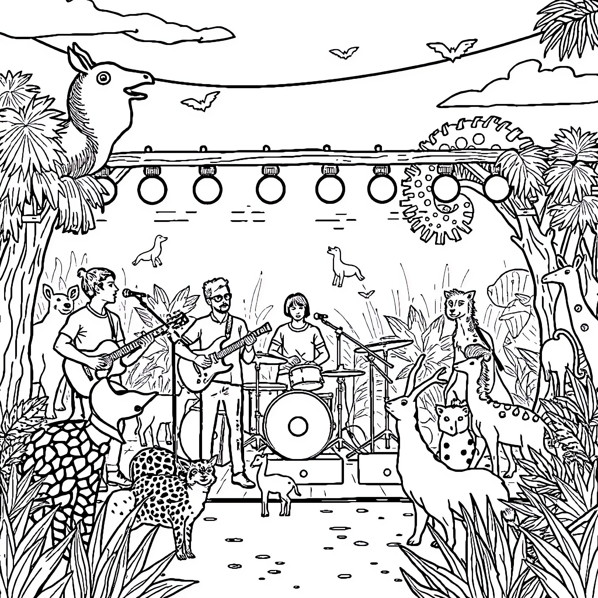 Glass Animals performing on stage in a jungle-like setting Coloring Page (free black-and-white line drawing printable PDF for all, from beginners to advanced learners, including children, teens, adults, and seniors)