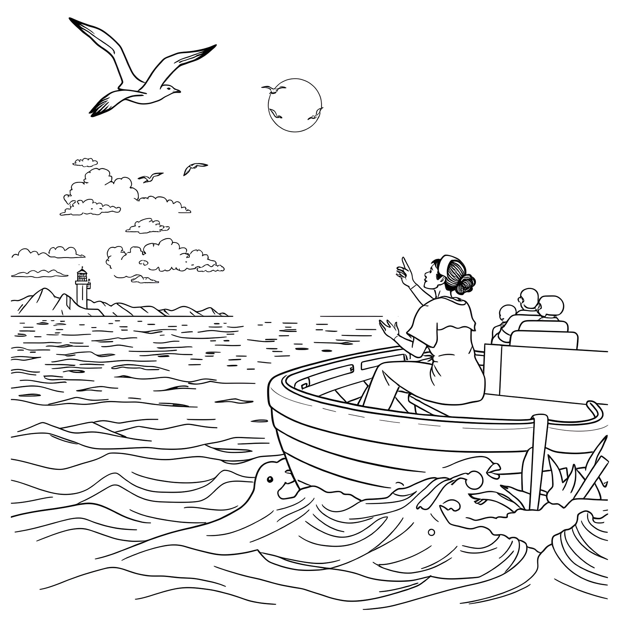 Nurse enjoying peaceful moment on a boat Coloring Page (free black-and-white line drawing printable PDF for all, from beginners to advanced learners, including children, teens, adults, and seniors)