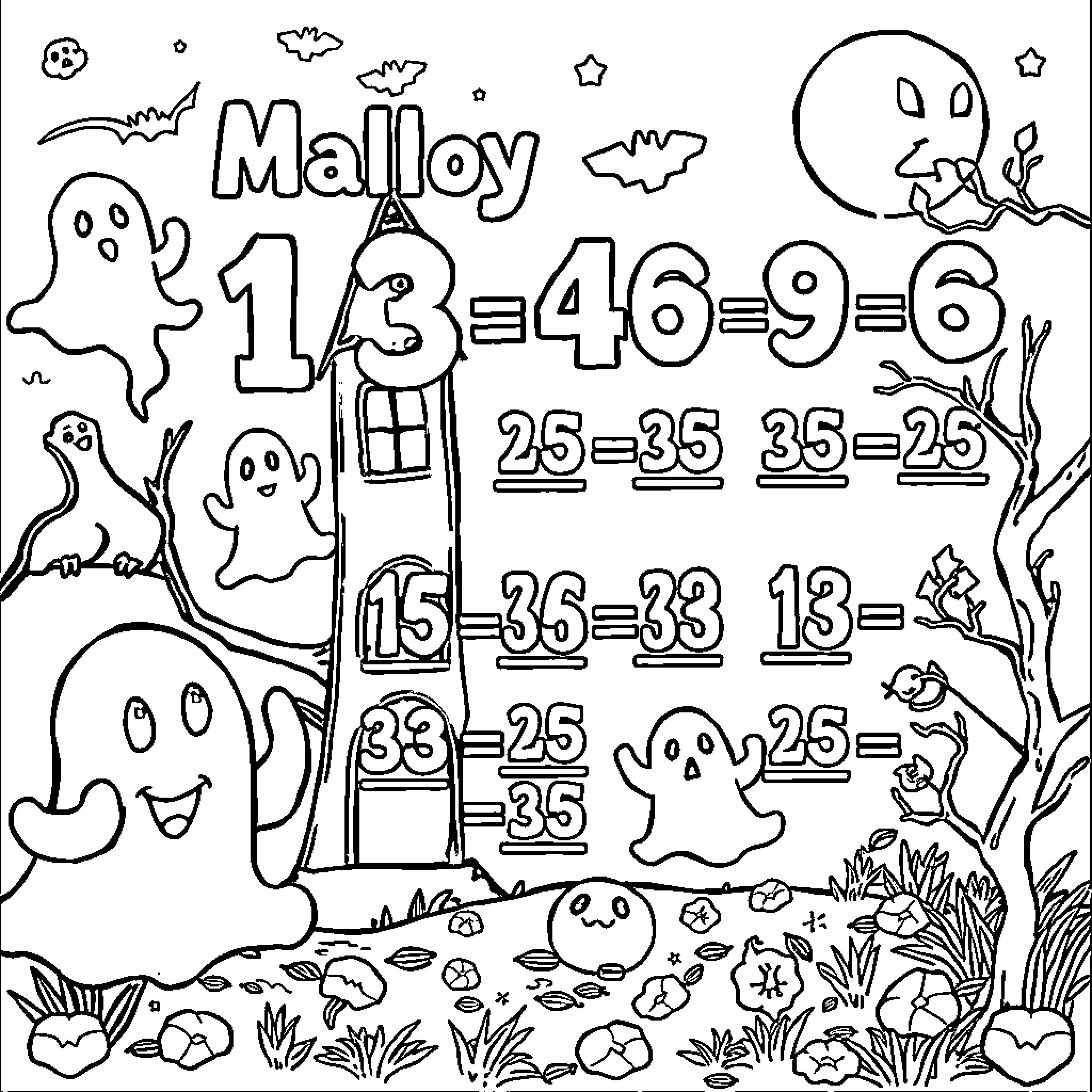 Math with Ghostly Expressions and Whimsical Scenes Coloring Page (free black-and-white line drawing printable PDF for all, from beginners to advanced learners, including children, teens, adults, and seniors)