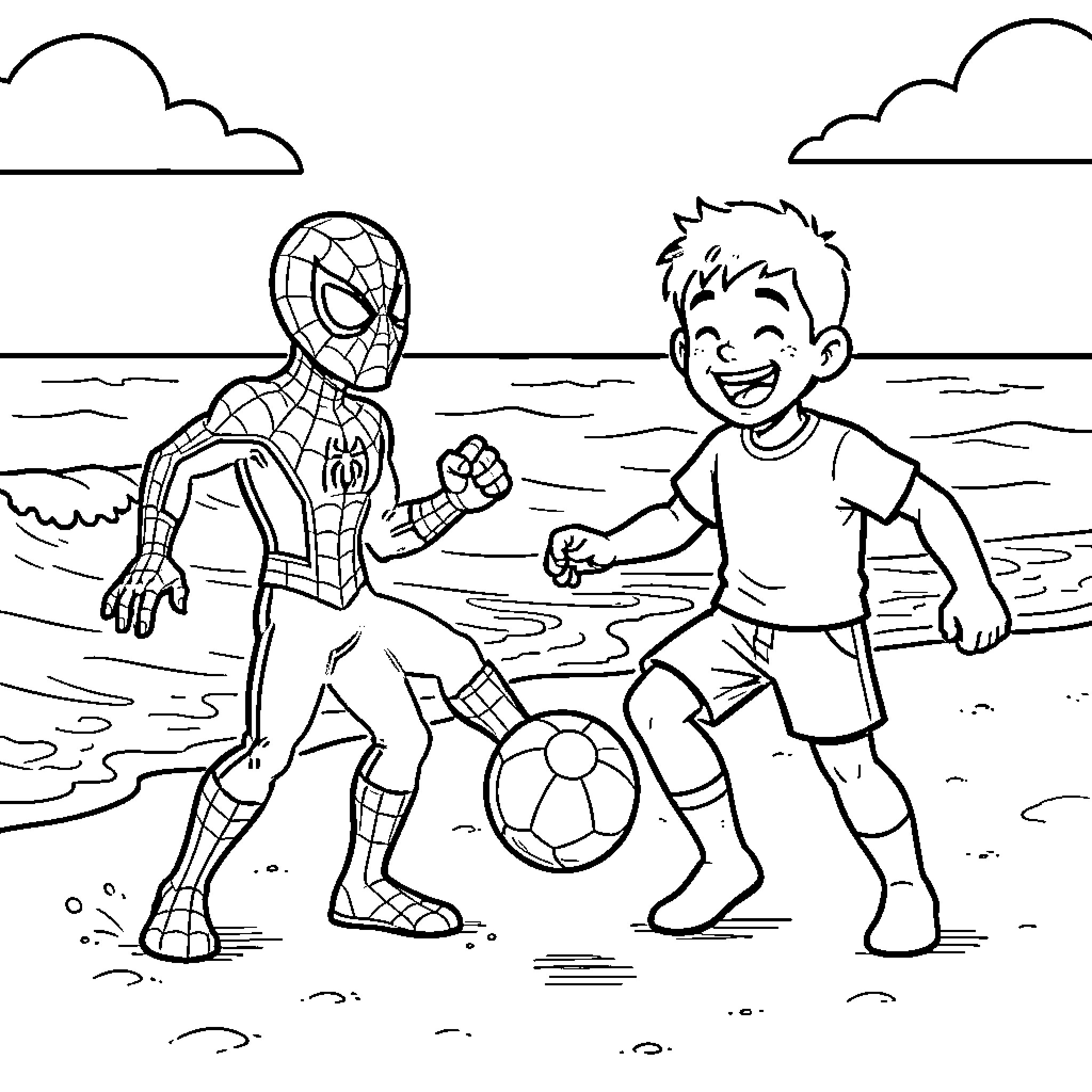 Spidey playing soccer with a boy on the beach Coloring Page (free black-and-white line drawing printable PDF for all, from beginners to advanced learners, including children, teens, adults, and seniors)