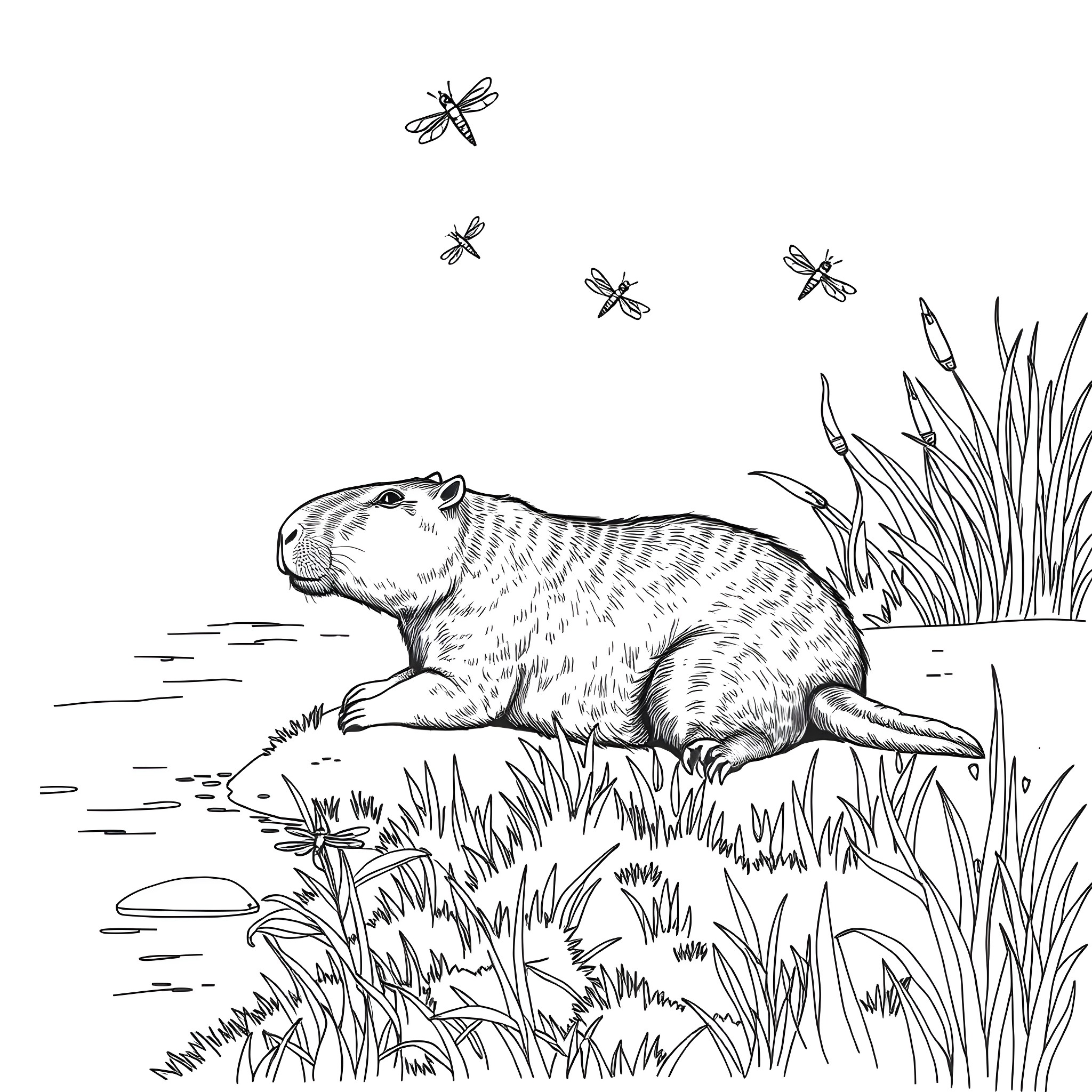Capybara relaxing in lush grass with dragonflies Coloring Page (free black-and-white line drawing printable PDF for all, from beginners to advanced learners, including children, teens, adults, and seniors)
