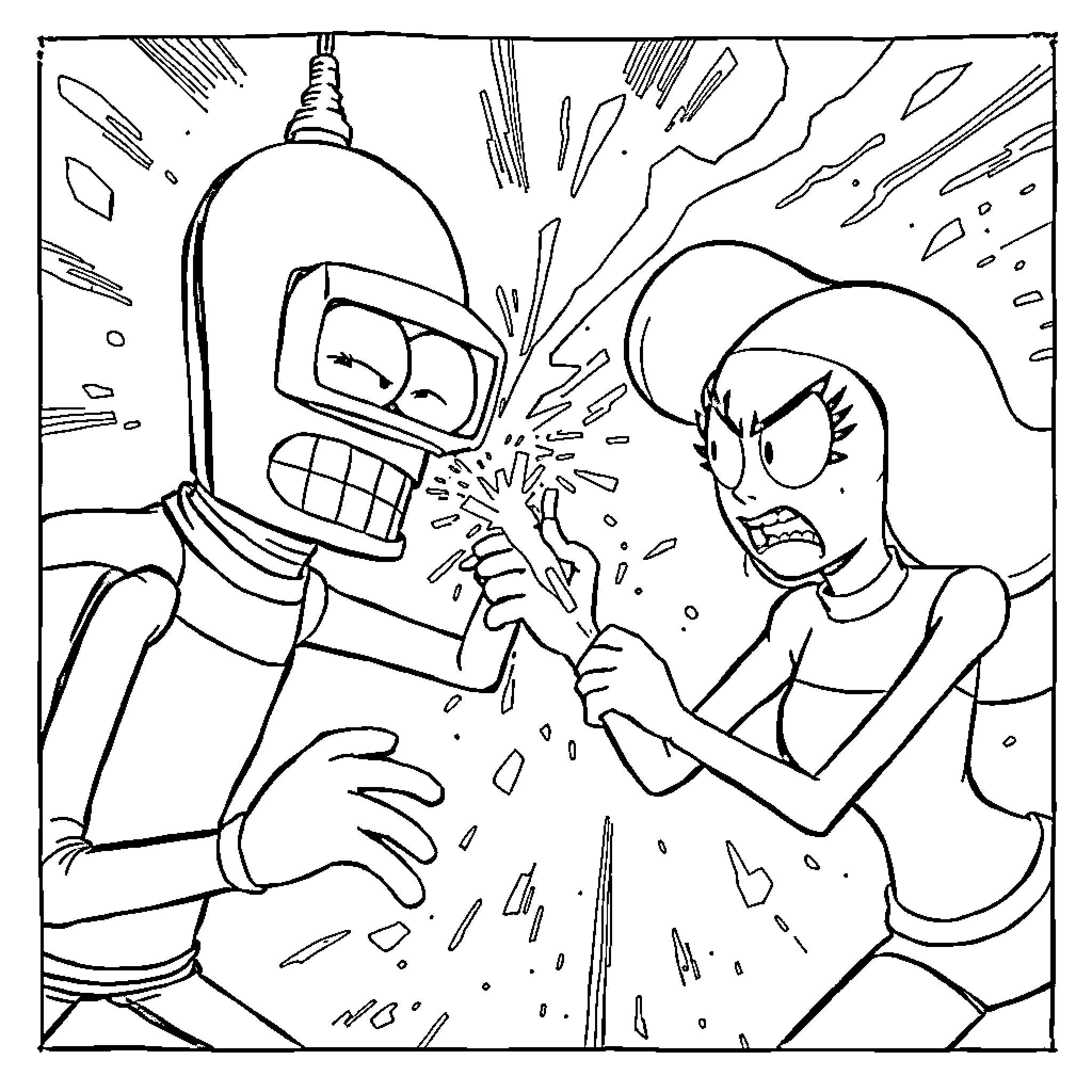 Bender characters engaged in a heated confrontation Coloring Page (free black-and-white line drawing printable PDF for all, from beginners to advanced learners, including children, teens, adults, and seniors)