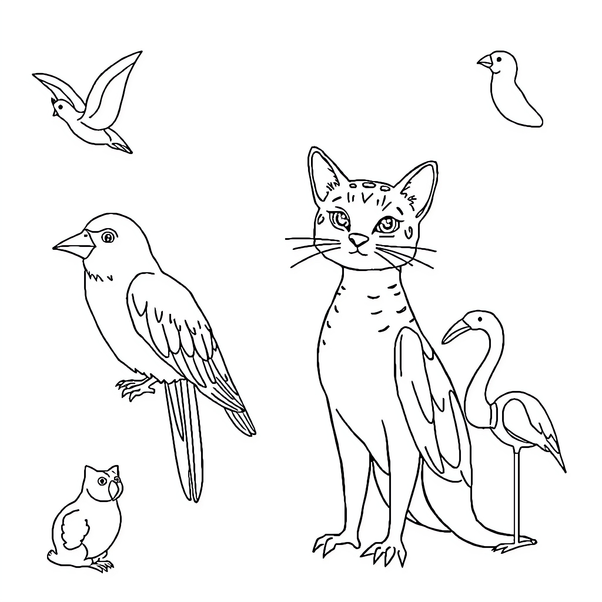 Animal illustrations featuring birds, cat, and flamingo Coloring Page (free black-and-white line drawing printable PDF for all, from beginners to advanced learners, including children, teens, adults, and seniors)