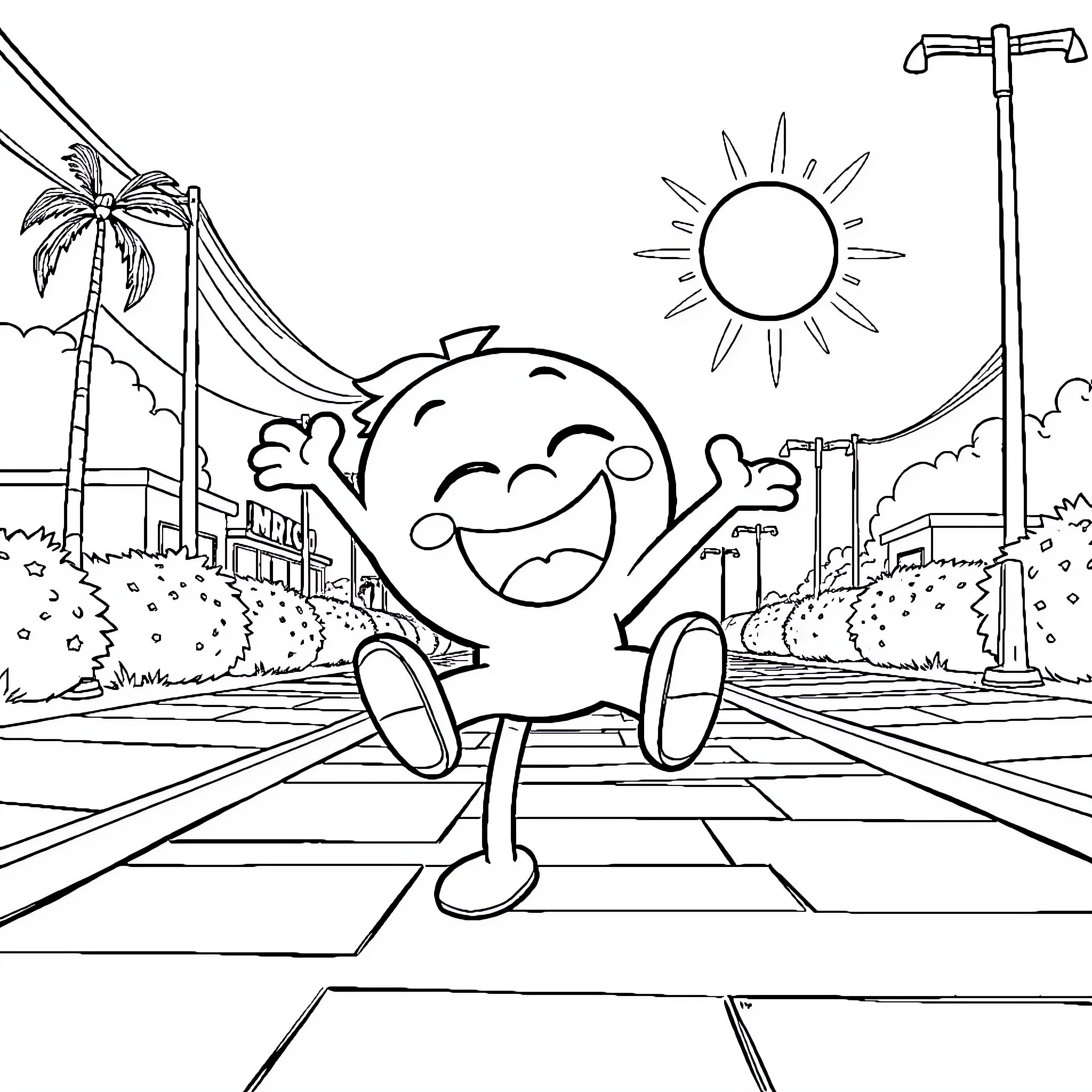 Gumball having fun in a sunny city Coloring Page (free black-and-white line drawing printable PDF for all, from beginners to advanced learners, including children, teens, adults, and seniors)