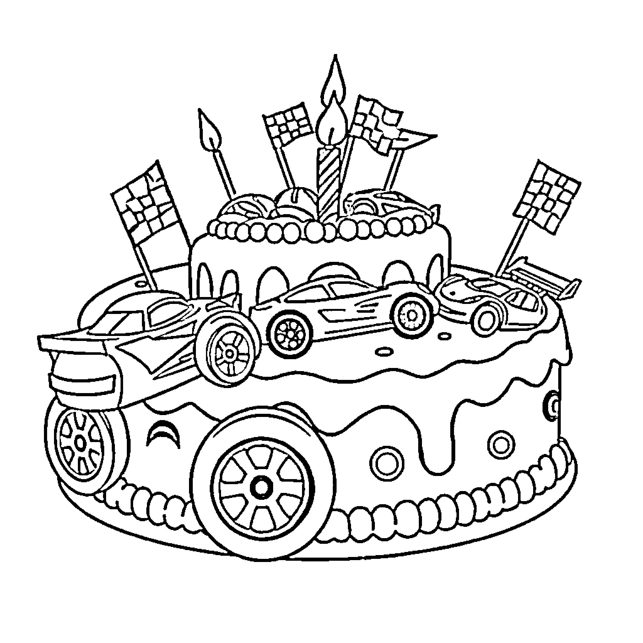 Hot Wheels Birthday Cake with Race Cars and Flags Coloring Page (free black-and-white line drawing printable PDF for all, from beginners to advanced learners, including children, teens, adults, and seniors)
