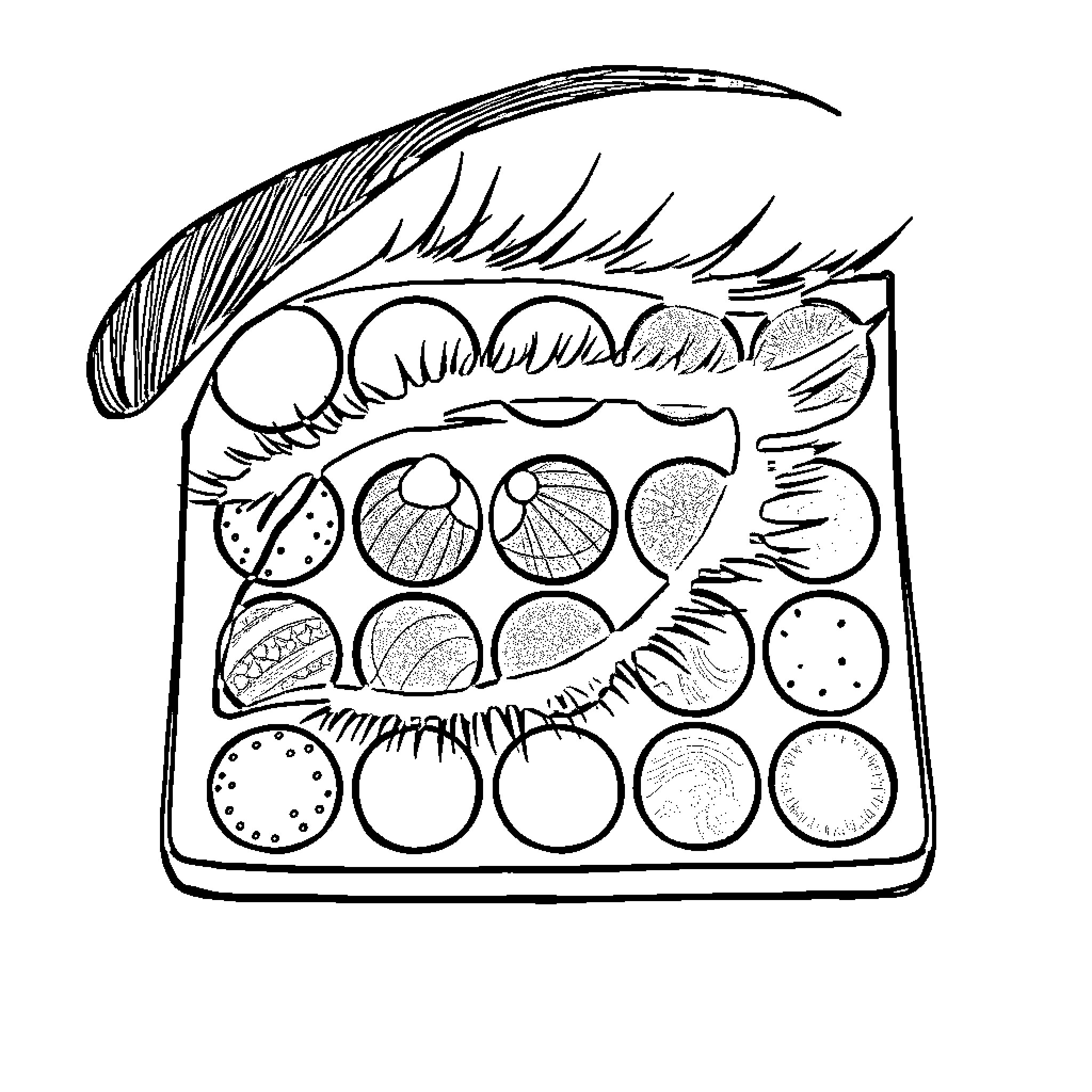 Eyeshadow Palette with Creative Shapes and Textures Coloring Page (free black-and-white line drawing printable PDF for all, from beginners to advanced learners, including children, teens, adults, and seniors)