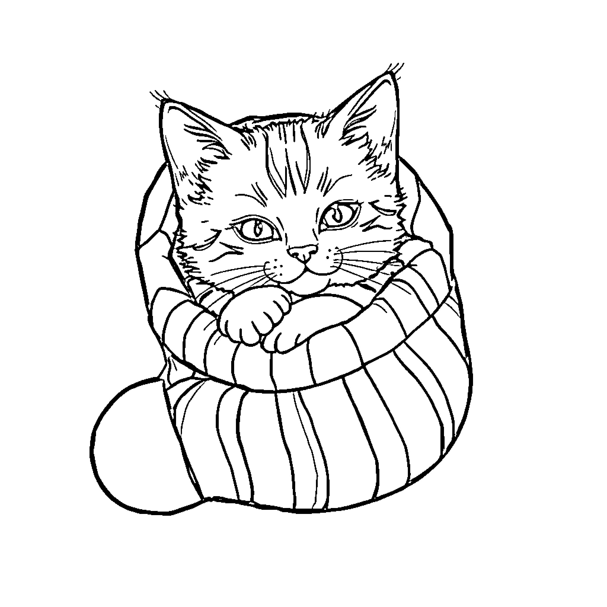 Cat cuddled up in a cozy blanket Coloring Page (free black-and-white line drawing printable PDF for all, from beginners to advanced learners, including children, teens, adults, and seniors)