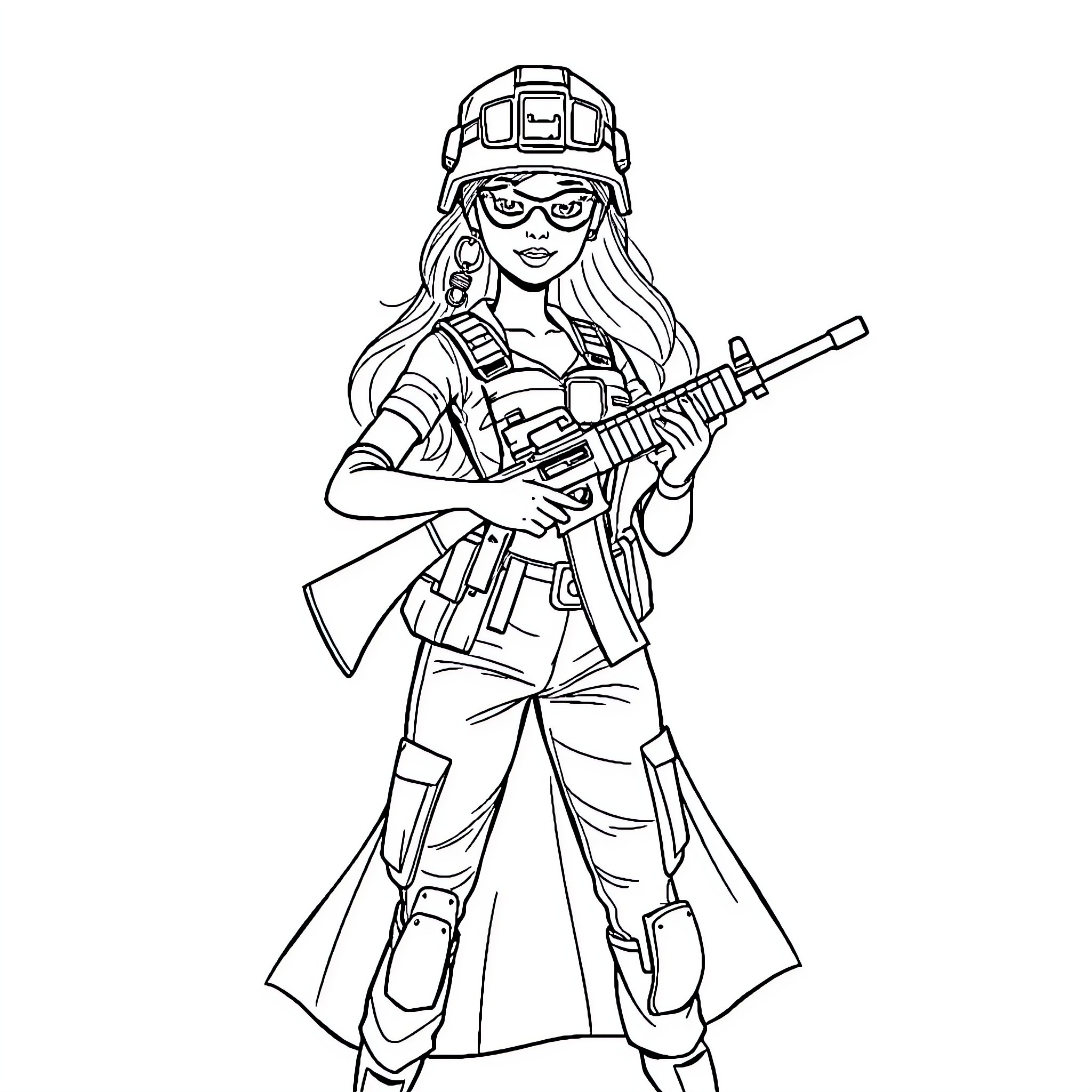 Barbie in military uniform holding assault rifle Coloring Page (free black-and-white line drawing printable PDF for all, from beginners to advanced learners, including children, teens, adults, and seniors)