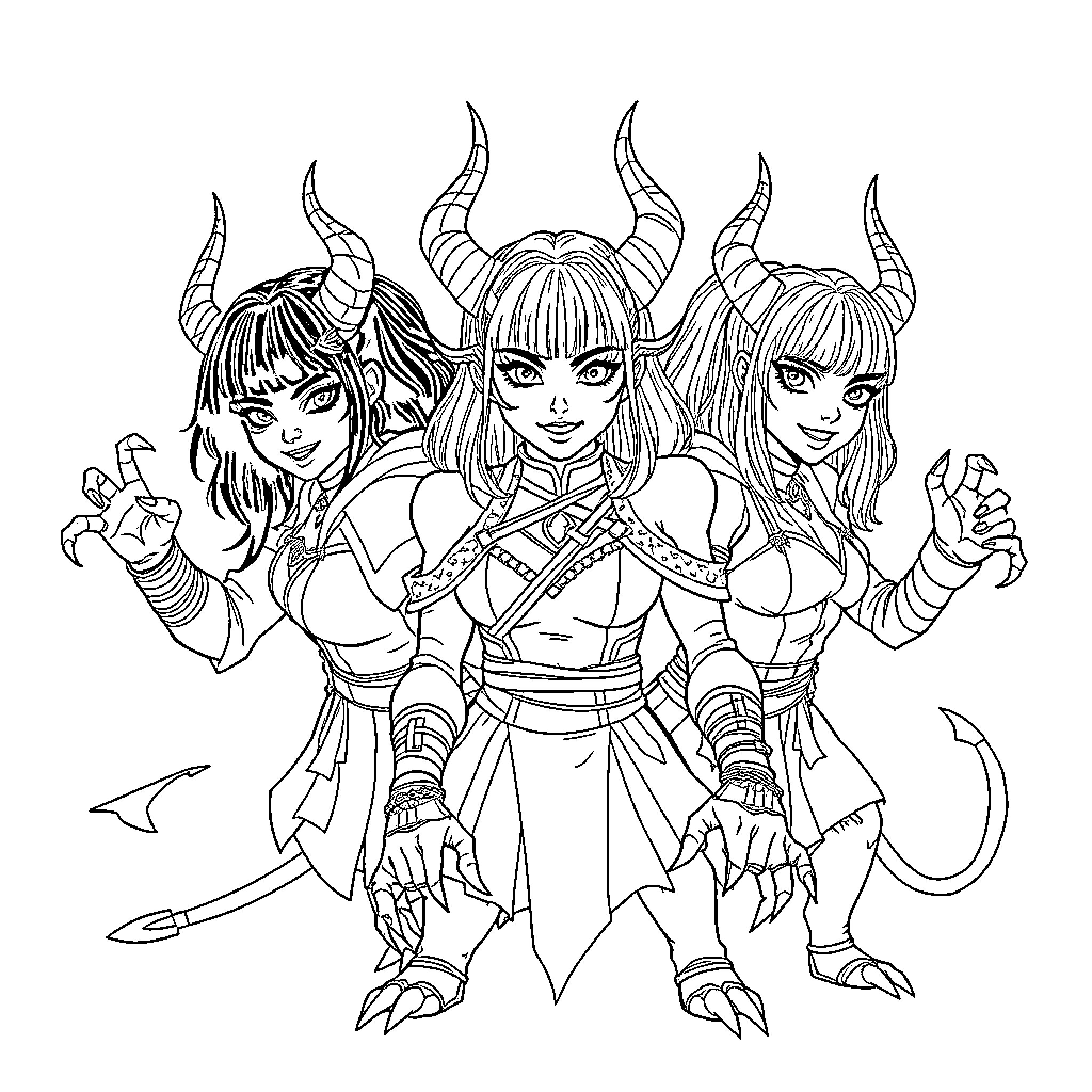 Demon Warriors Engaged in Fierce Combat Coloring Page (free black-and-white line drawing printable PDF for all, from beginners to advanced learners, including children, teens, adults, and seniors)