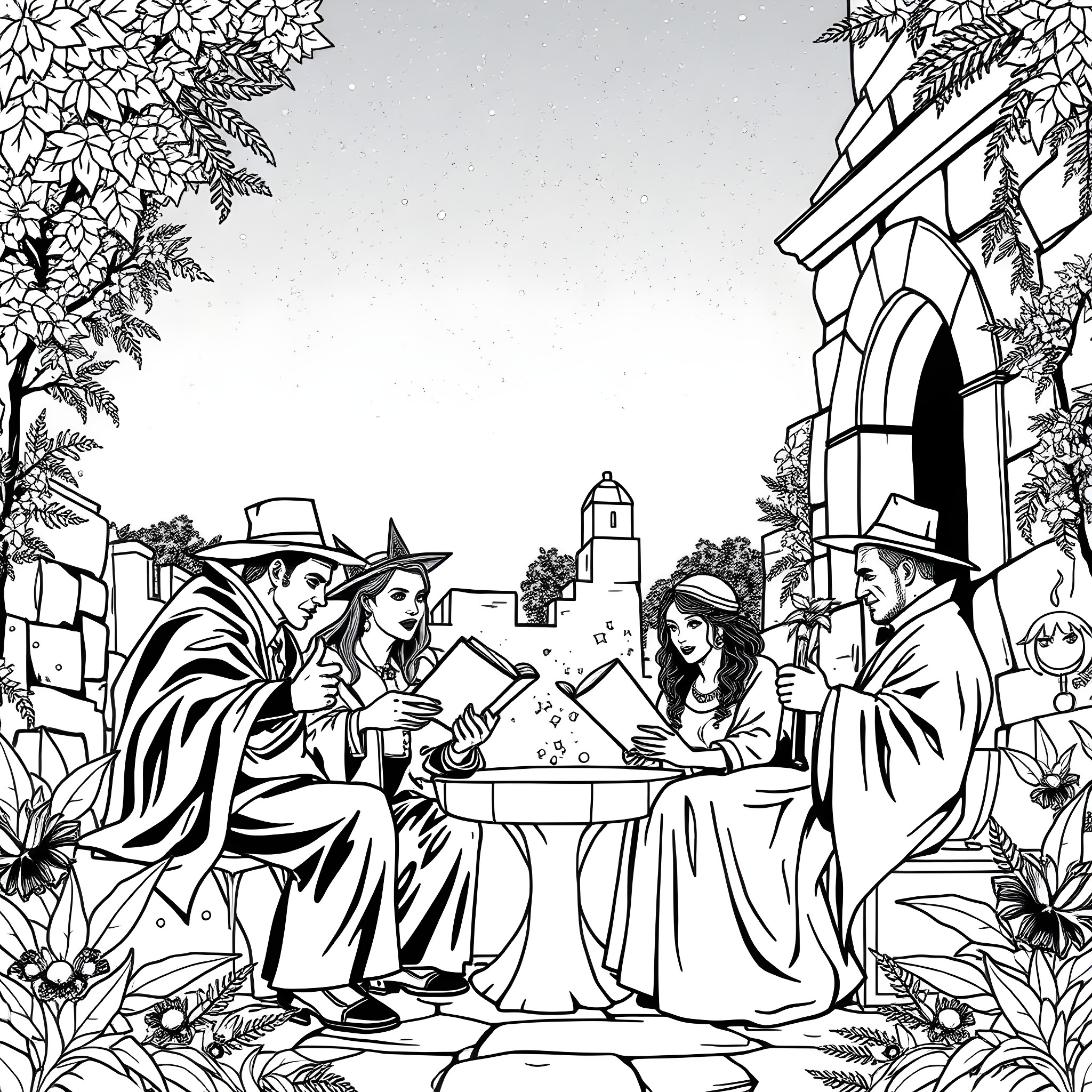 Vampire scholars studying ancient texts in lush garden Coloring Page (free black-and-white line drawing printable PDF for all, from beginners to advanced learners, including children, teens, adults, and seniors)