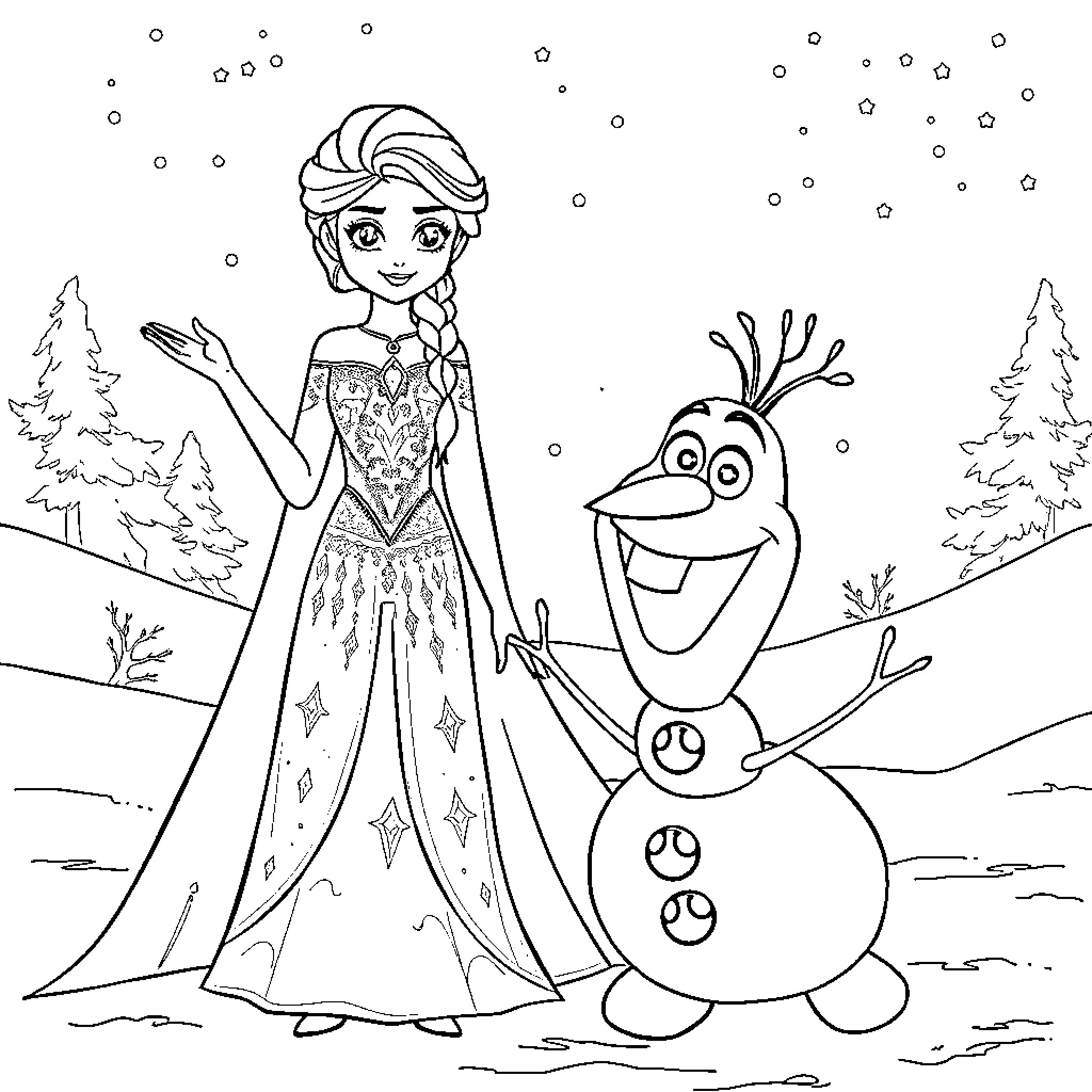 Elsa's Wintry Adventure with Olaf the Snowman Coloring Page (free black-and-white line drawing printable PDF for all, from beginners to advanced learners, including children, teens, adults, and seniors)