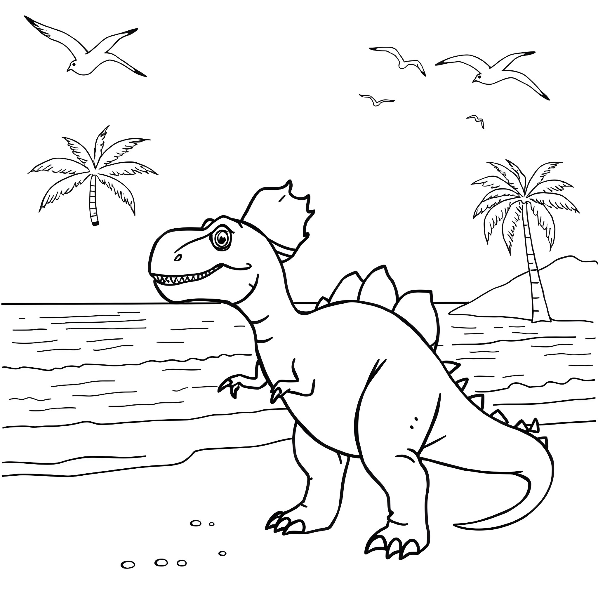 Dinosaur Enjoying a Tropical Beach Scene Coloring Page (free black-and-white line drawing printable PDF for all, from beginners to advanced learners, including children, teens, adults, and seniors)