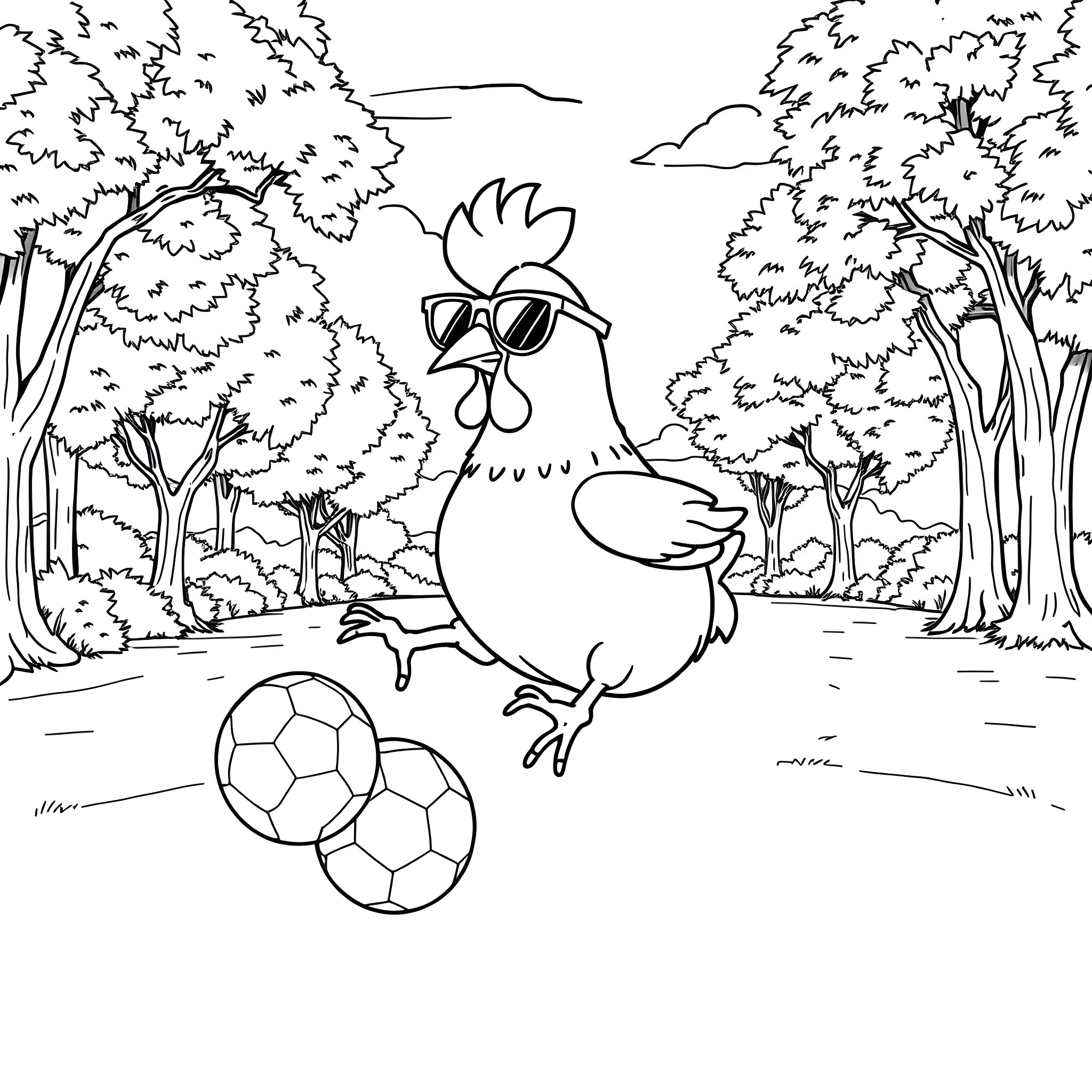 Chicken playing with soccer balls in the forest Coloring Page (free black-and-white line drawing printable PDF for all, from beginners to advanced learners, including children, teens, adults, and seniors)