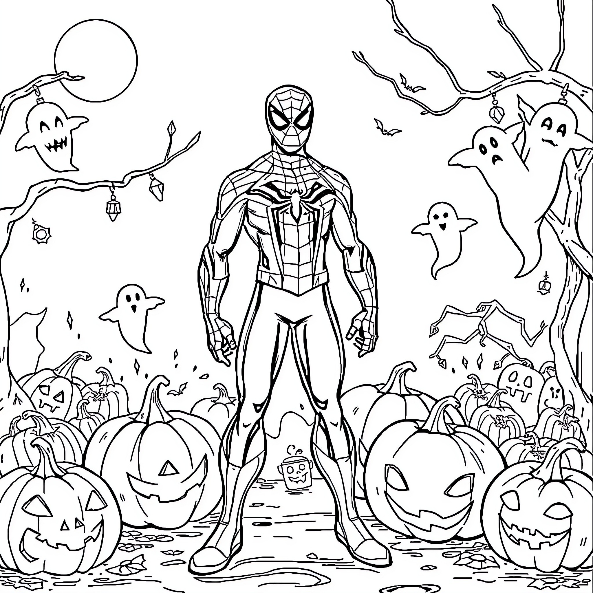 Spiderman facing Halloween scenes and characters Coloring Page (free black-and-white line drawing printable PDF for all, from beginners to advanced learners, including children, teens, adults, and seniors)
