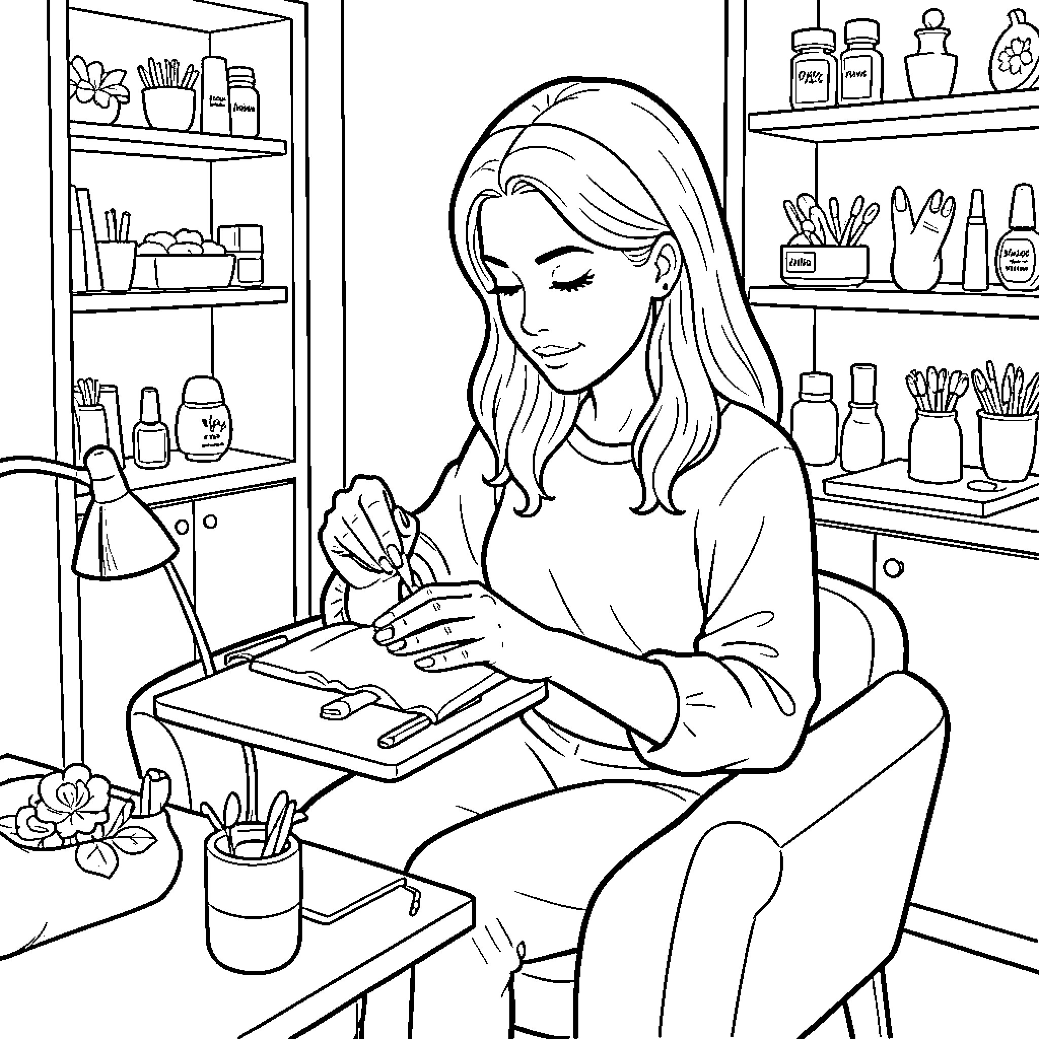 Woman engaged in creative writing in her studio Coloring Page (free black-and-white line drawing printable PDF for all, from beginners to advanced learners, including children, teens, adults, and seniors)