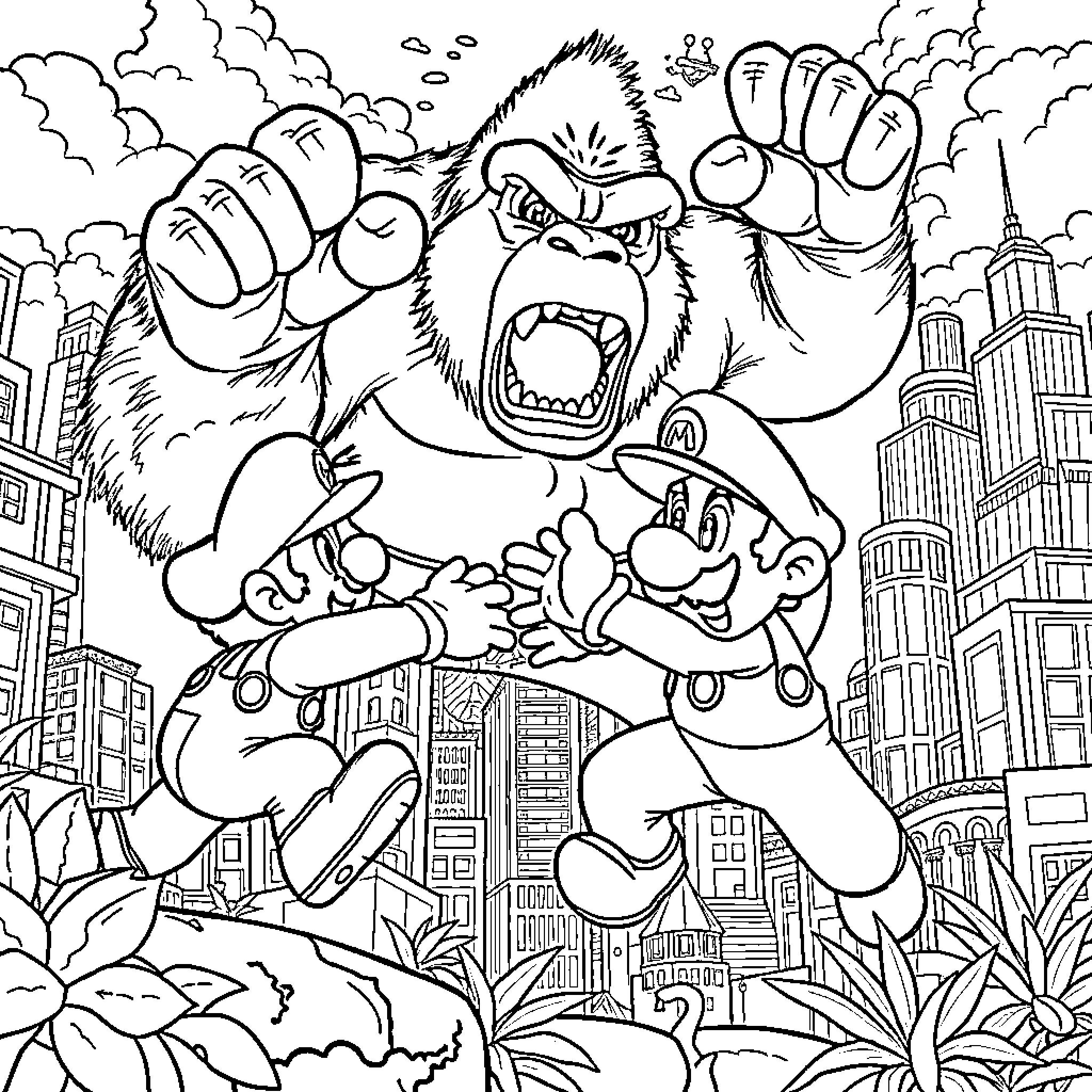 Mario and Luigi Battling a Raging Monster in the City Coloring Page (free black-and-white line drawing printable PDF for all, from beginners to advanced learners, including children, teens, adults, and seniors)