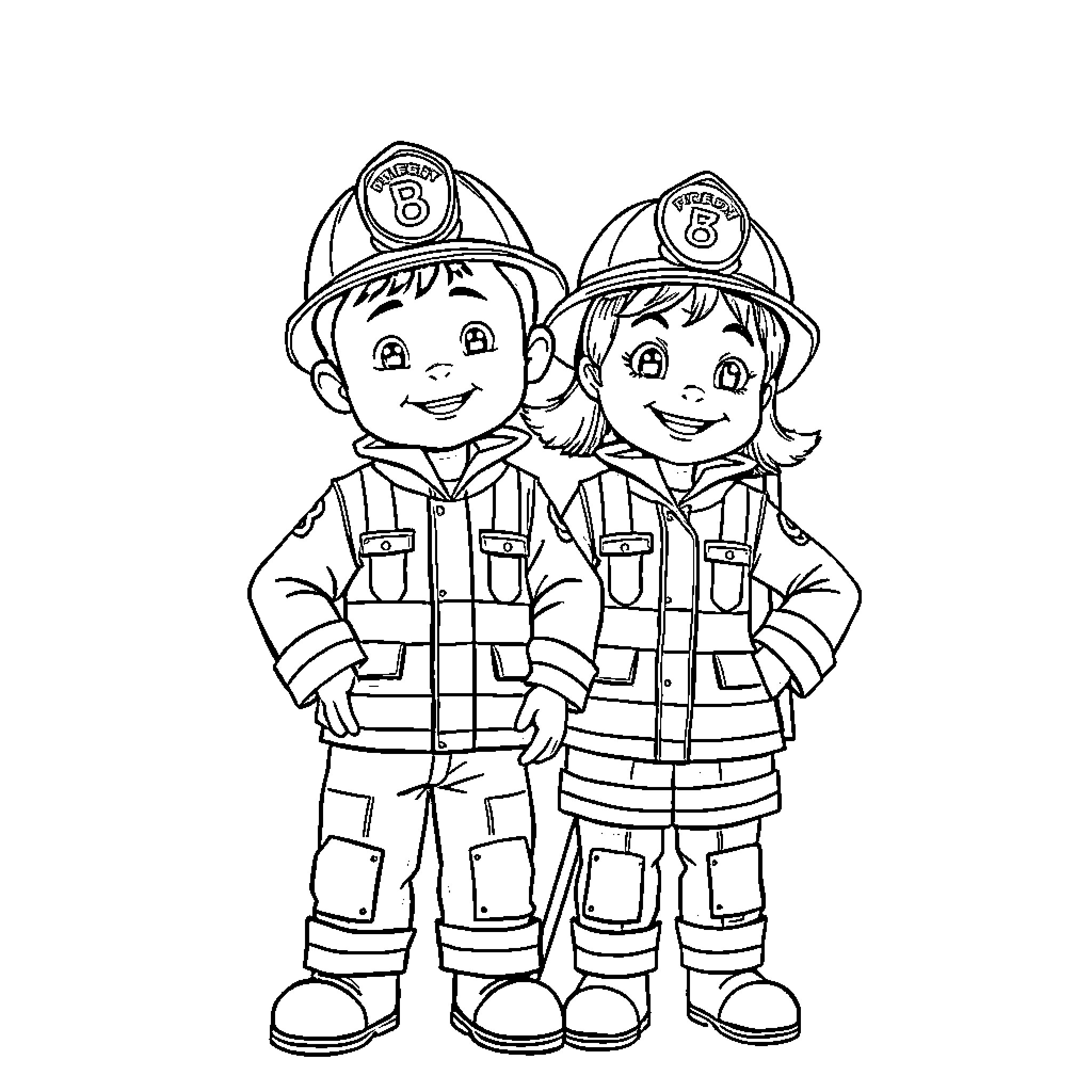 Firefighter Duo in Action Ready Uniforms Coloring Page (free black-and-white line drawing printable PDF for all, from beginners to advanced learners, including children, teens, adults, and seniors)