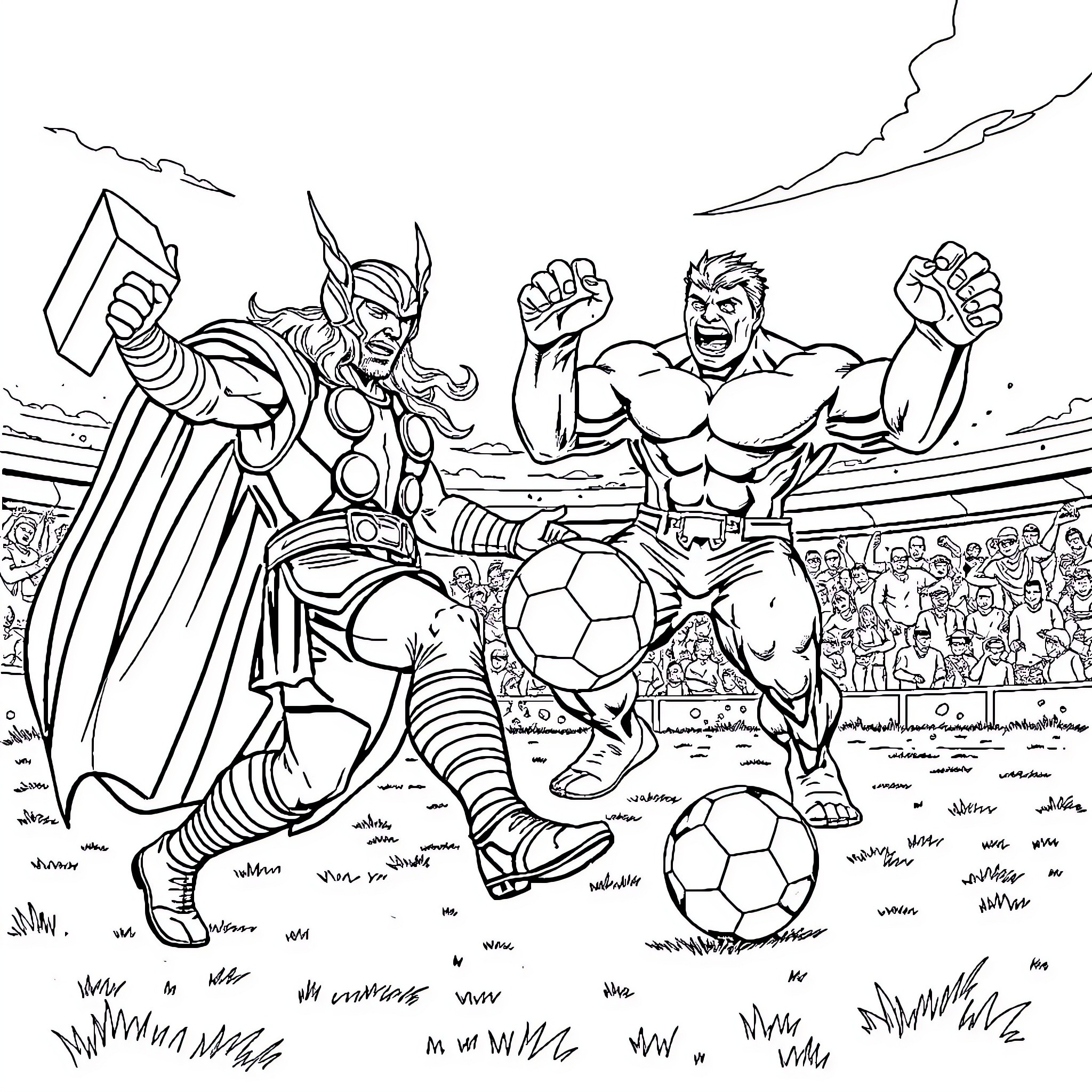 Thor and Hulk playing soccer in a sports arena Coloring Page (free black-and-white line drawing printable PDF for all, from beginners to advanced learners, including children, teens, adults, and seniors)