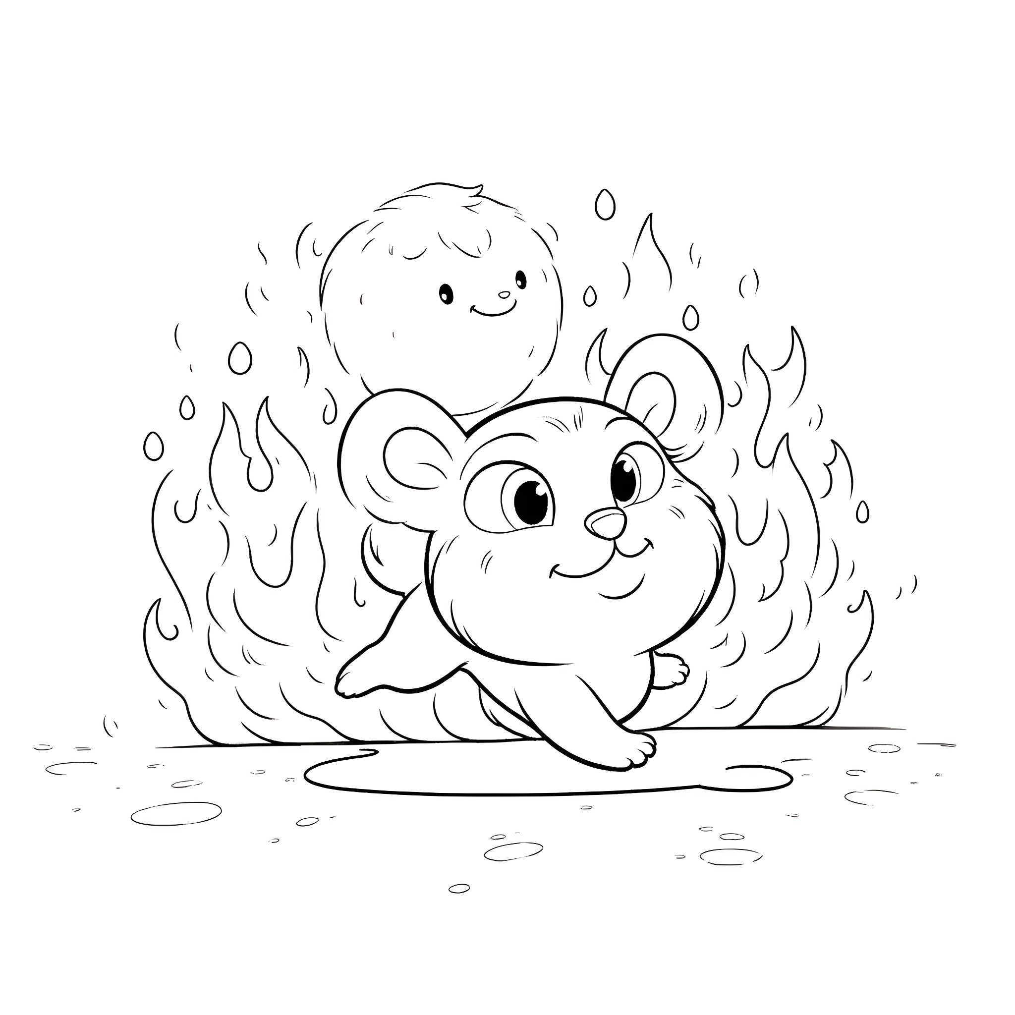 Bluey and Bingo playing in the rain Coloring Page (free black-and-white line drawing printable PDF for all, from beginners to advanced learners, including children, teens, adults, and seniors)