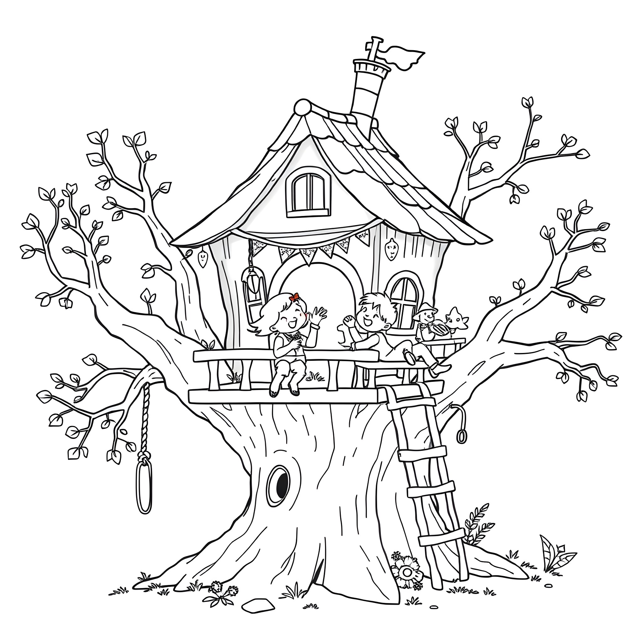 Kid's Adventure in the Treehouse Coloring Page (free black-and-white line drawing printable PDF for all, from beginners to advanced learners, including children, teens, adults, and seniors)