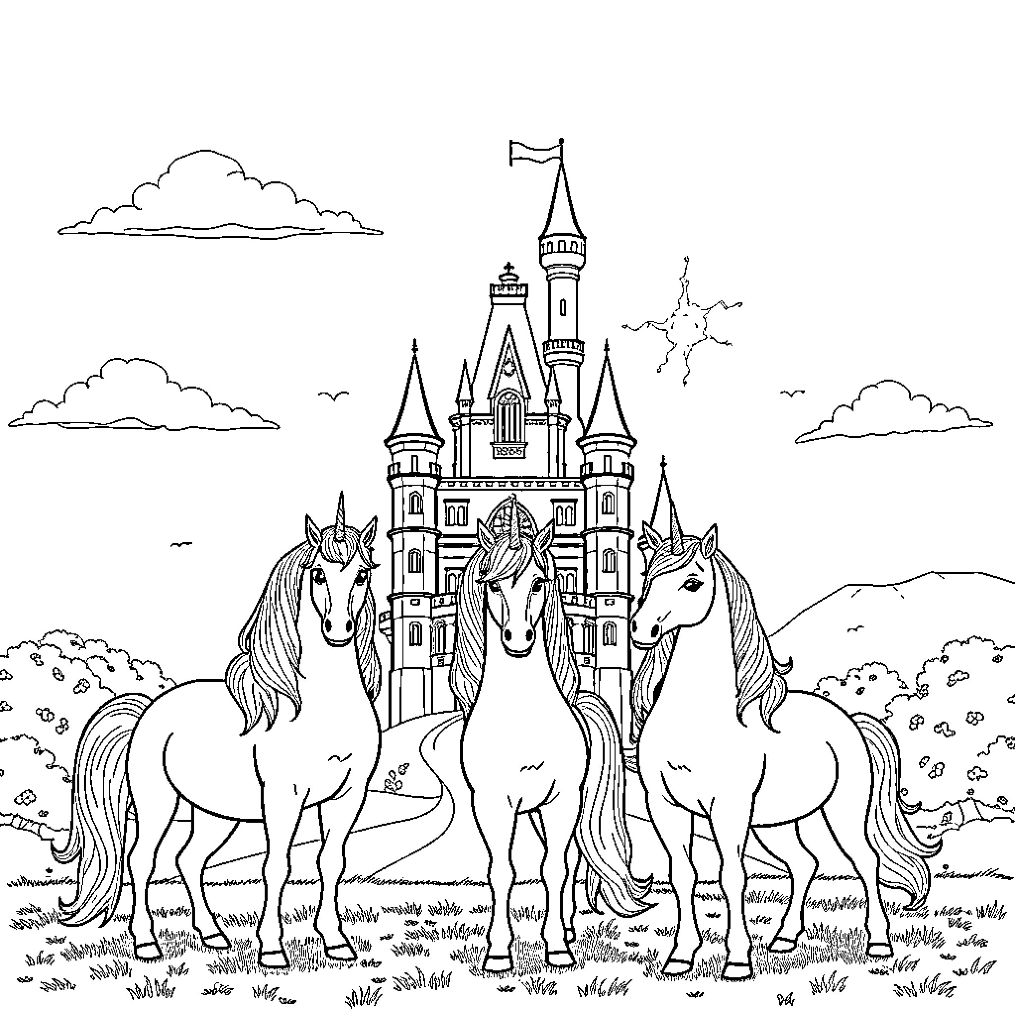 Unicorn family admiring magical castle Coloring Page (free black-and-white line drawing printable PDF for all, from beginners to advanced learners, including children, teens, adults, and seniors)