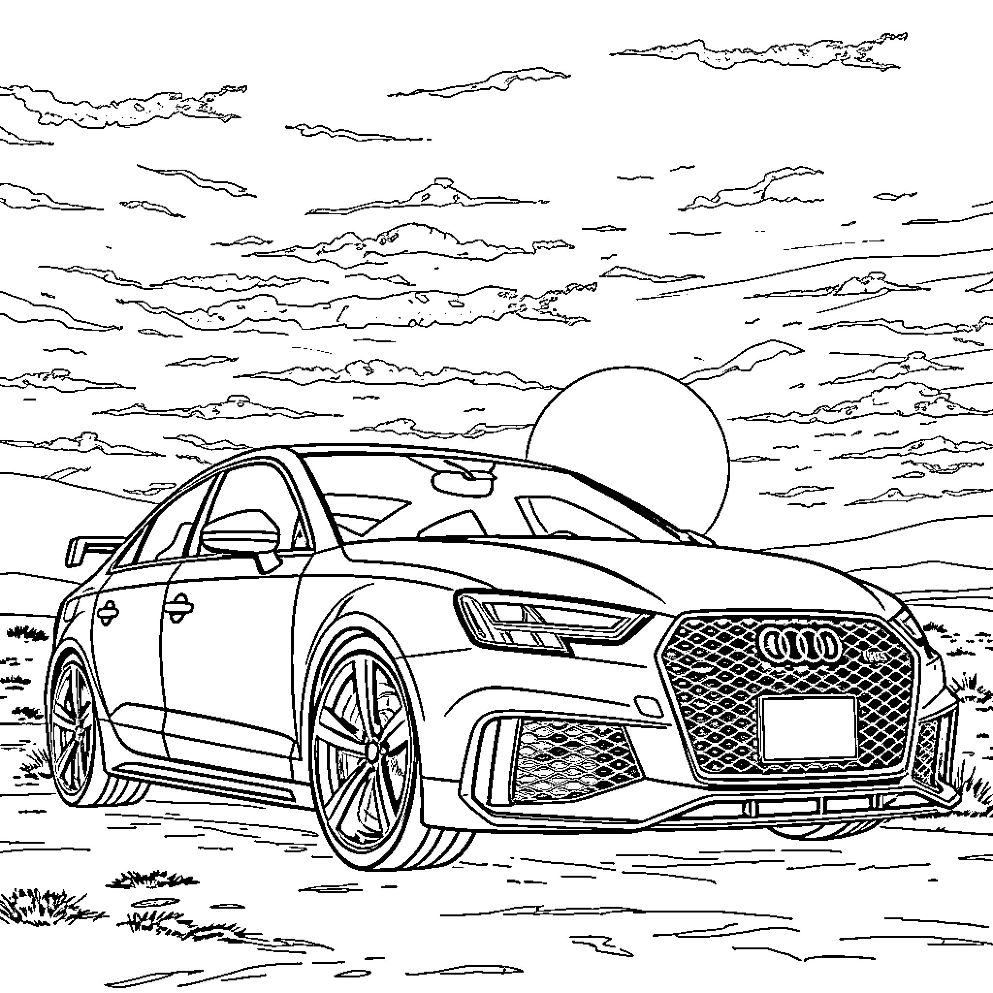 Audi sports car driving through scenic landscape Coloring Page (free black-and-white line drawing printable PDF for all, from beginners to advanced learners, including children, teens, adults, and seniors)