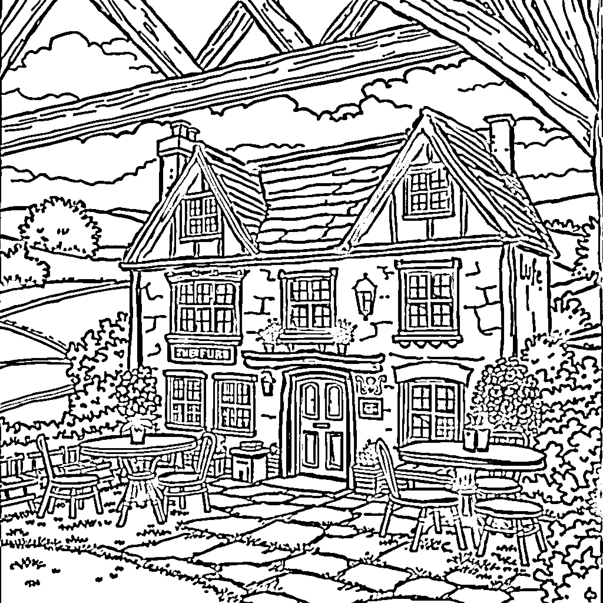 Pub Overlooking Scenic Mountain Landscape Coloring Page (free black-and-white line drawing printable PDF for all, from beginners to advanced learners, including children, teens, adults, and seniors)