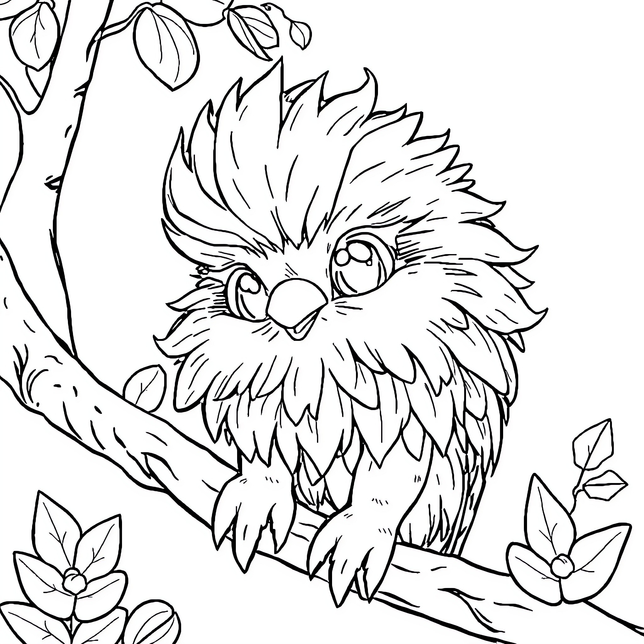 Rabbit perched on branch with flowers Coloring Page (free black-and-white line drawing printable PDF for all, from beginners to advanced learners, including children, teens, adults, and seniors)