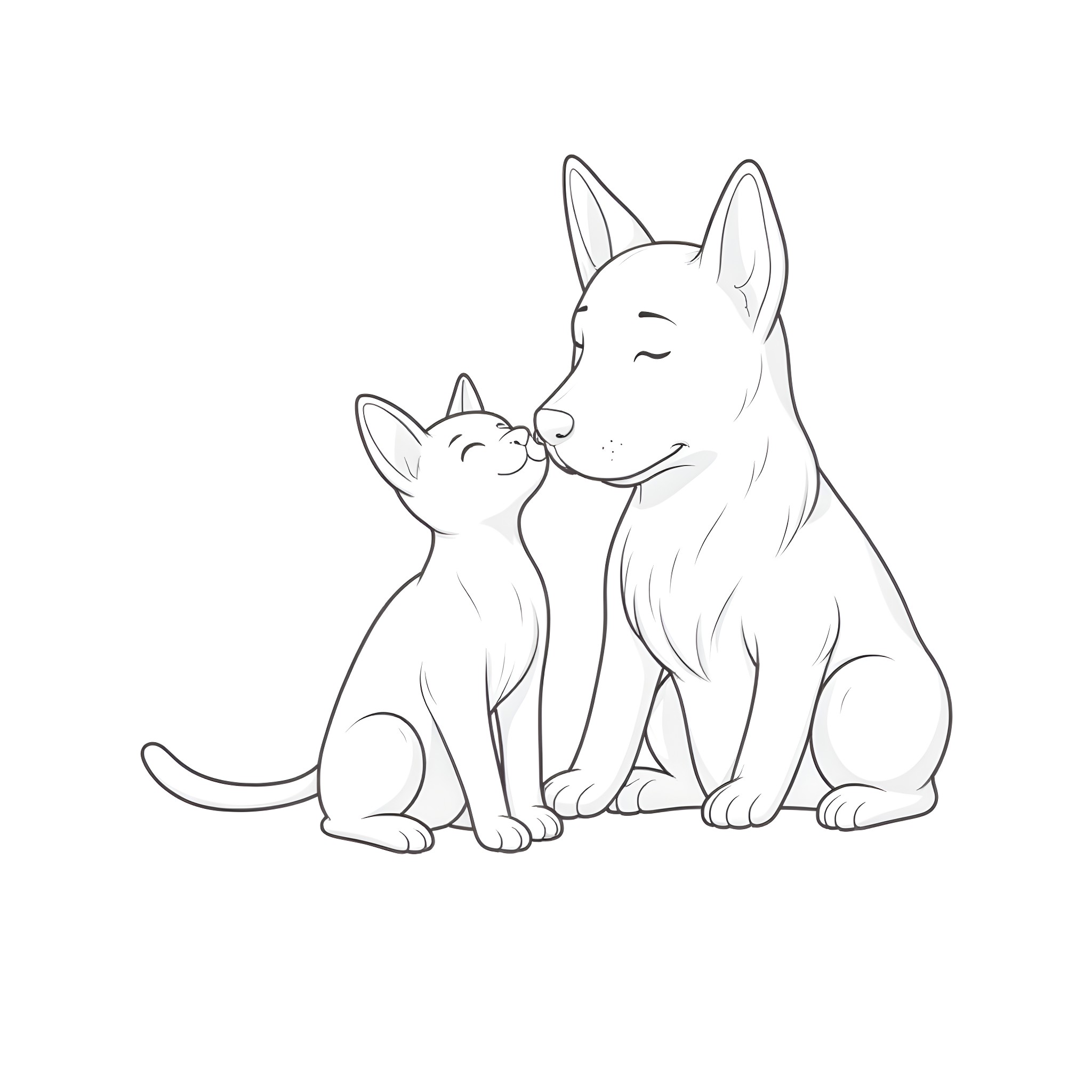 Cat and puppy sitting together Coloring Page (free black-and-white line drawing printable PDF for all, from beginners to advanced learners, including children, teens, adults, and seniors)