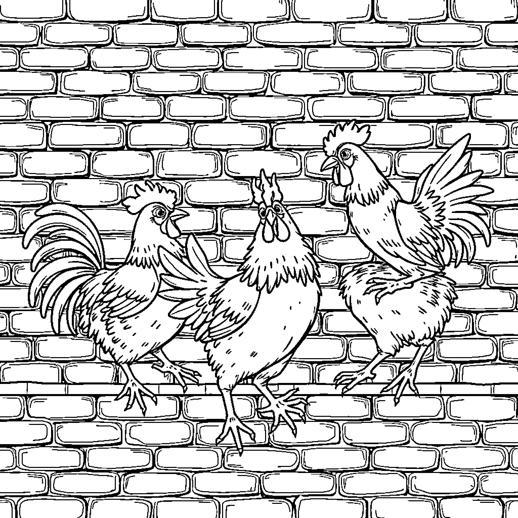 Chicken strutting confidently on brick wall Coloring Page (free black-and-white line drawing printable PDF for all, from beginners to advanced learners, including children, teens, adults, and seniors)