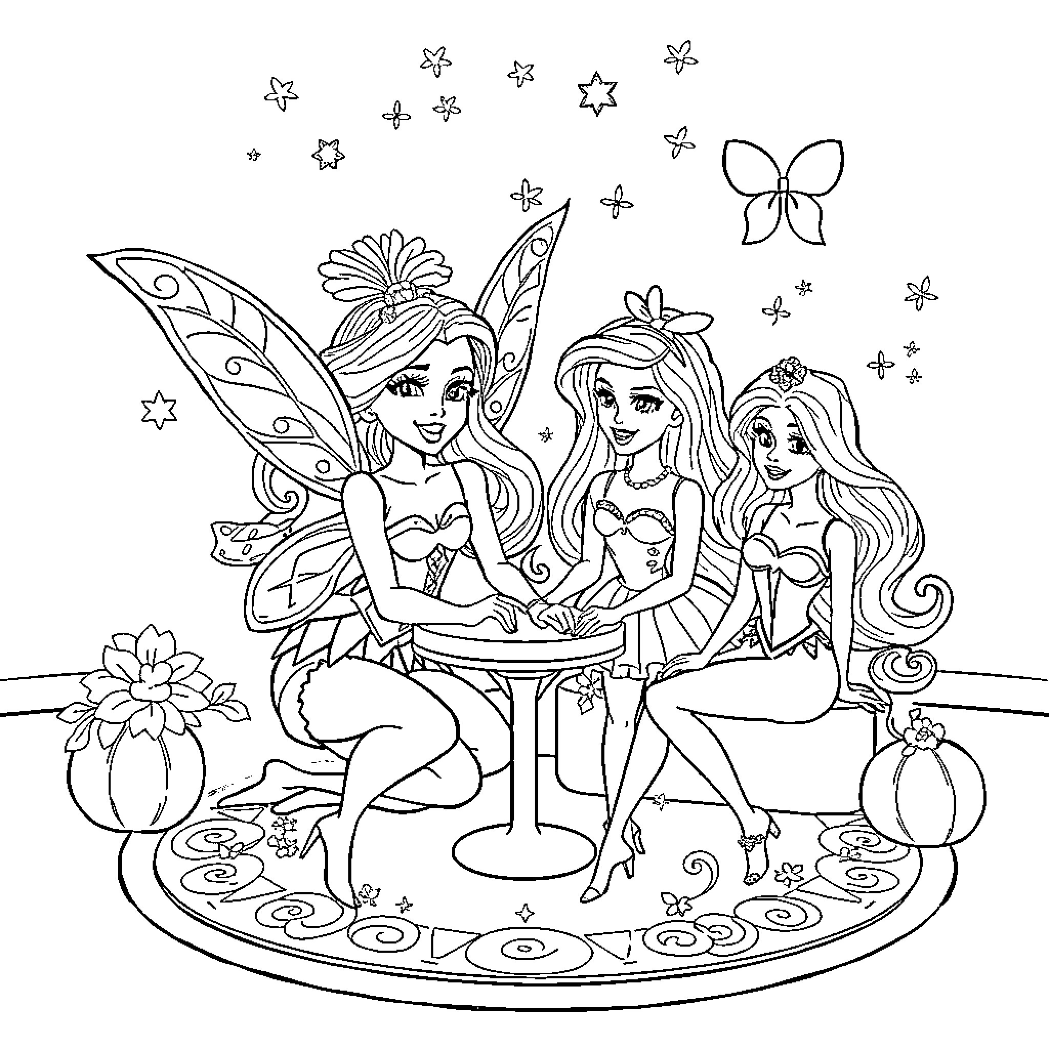 Miraculous Fairy Friends Enjoying a Magical Gathering Coloring Page (free black-and-white line drawing printable PDF for all, from beginners to advanced learners, including children, teens, adults, and seniors)