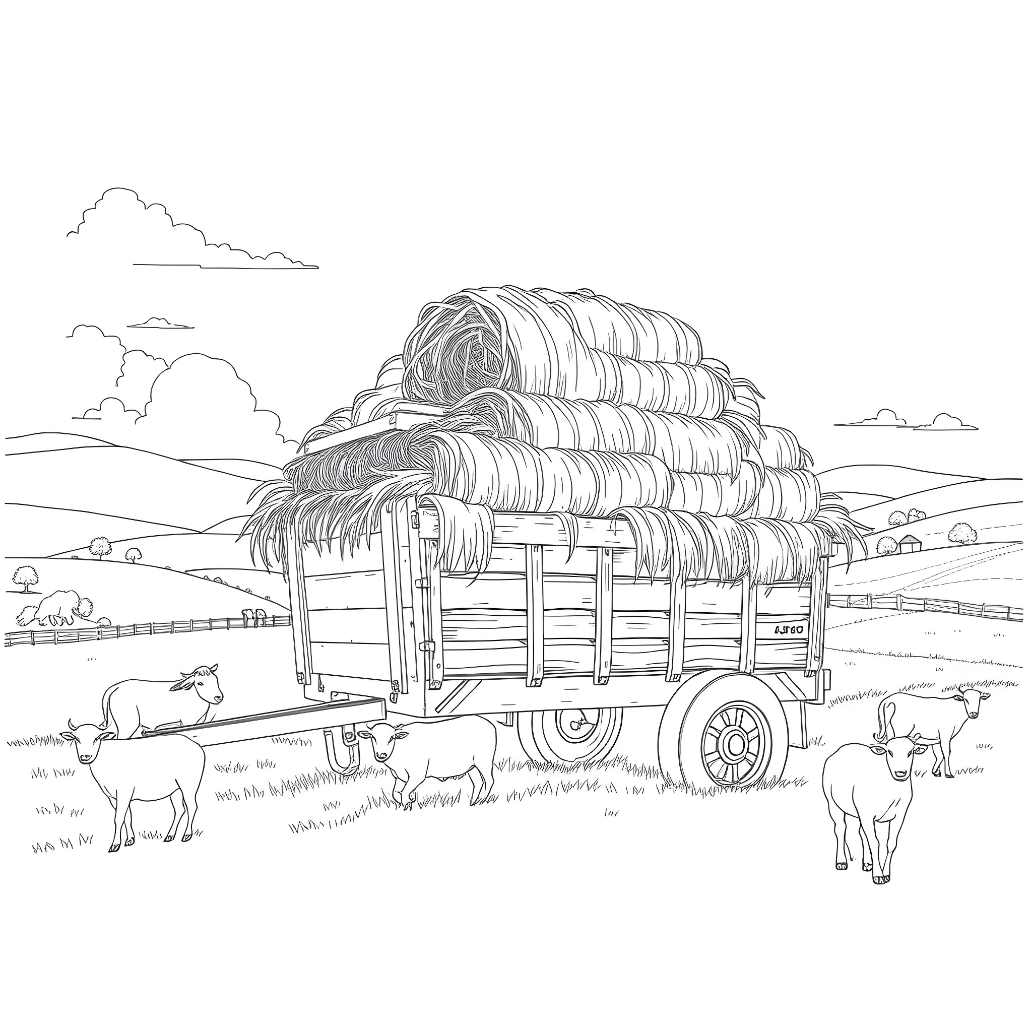 Hay Trailer Loaded with Bales in Rural Landscape Coloring Page (free black-and-white line drawing printable PDF for all, from beginners to advanced learners, including children, teens, adults, and seniors)