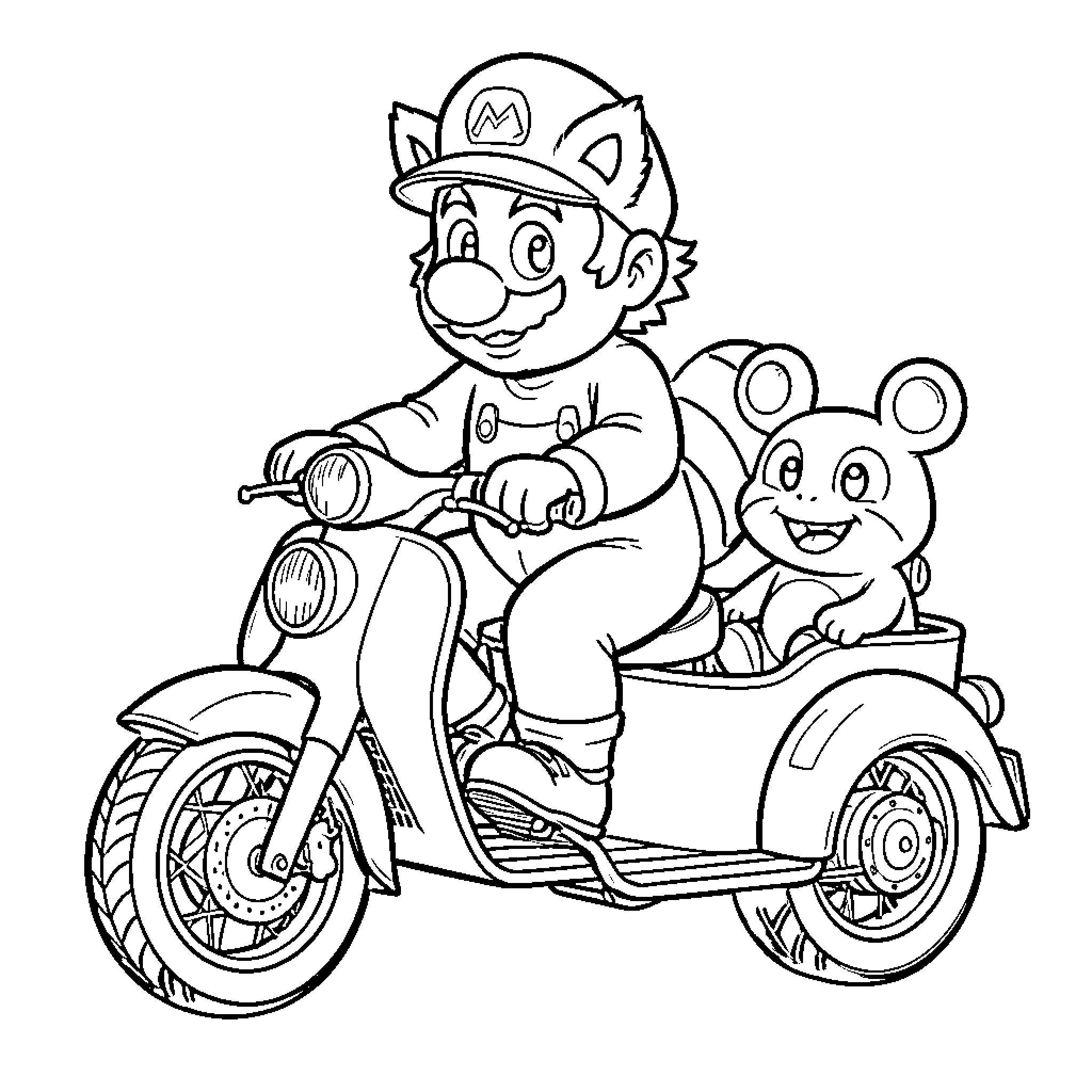 Mario riding a scooter with a mouse companion Coloring Page (free black-and-white line drawing printable PDF for all, from beginners to advanced learners, including children, teens, adults, and seniors)