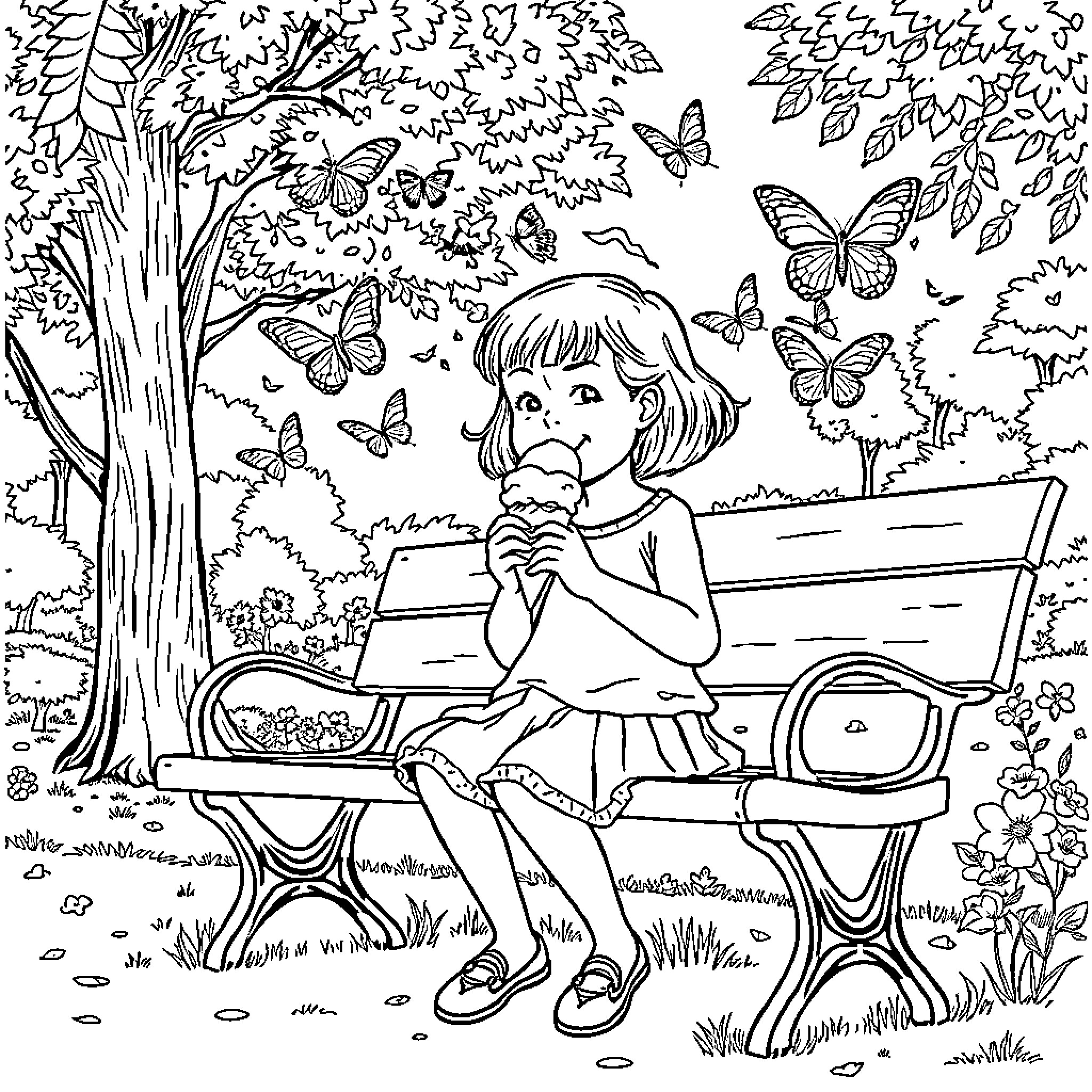 Girl enjoying ice cream on park bench Coloring Page (free black-and-white line drawing printable PDF for all, from beginners to advanced learners, including children, teens, adults, and seniors)