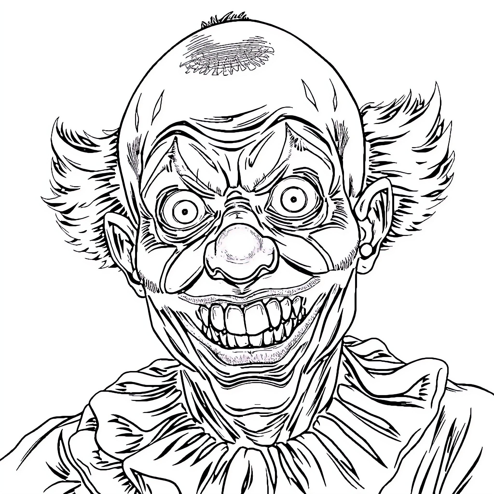 Clown with Exaggerated Facial Features and Expressions Coloring Page (free black-and-white line drawing printable PDF for all, from beginners to advanced learners, including children, teens, adults, and seniors)