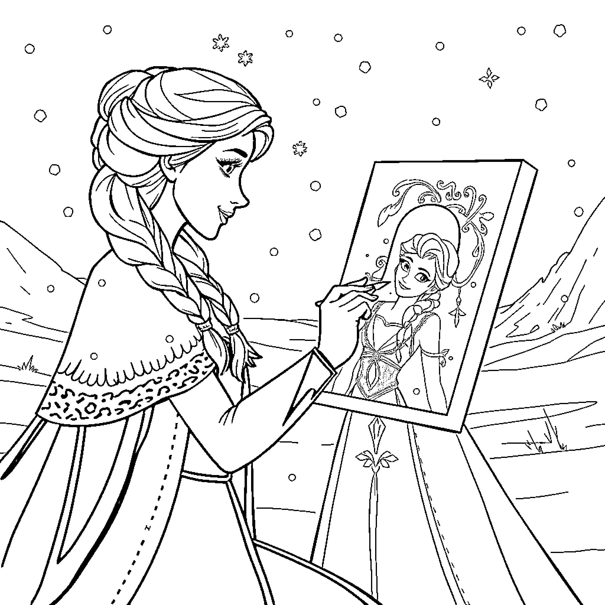 Elsa painting a winter landscape Coloring Page (free black-and-white line drawing printable PDF for all, from beginners to advanced learners, including children, teens, adults, and seniors)
