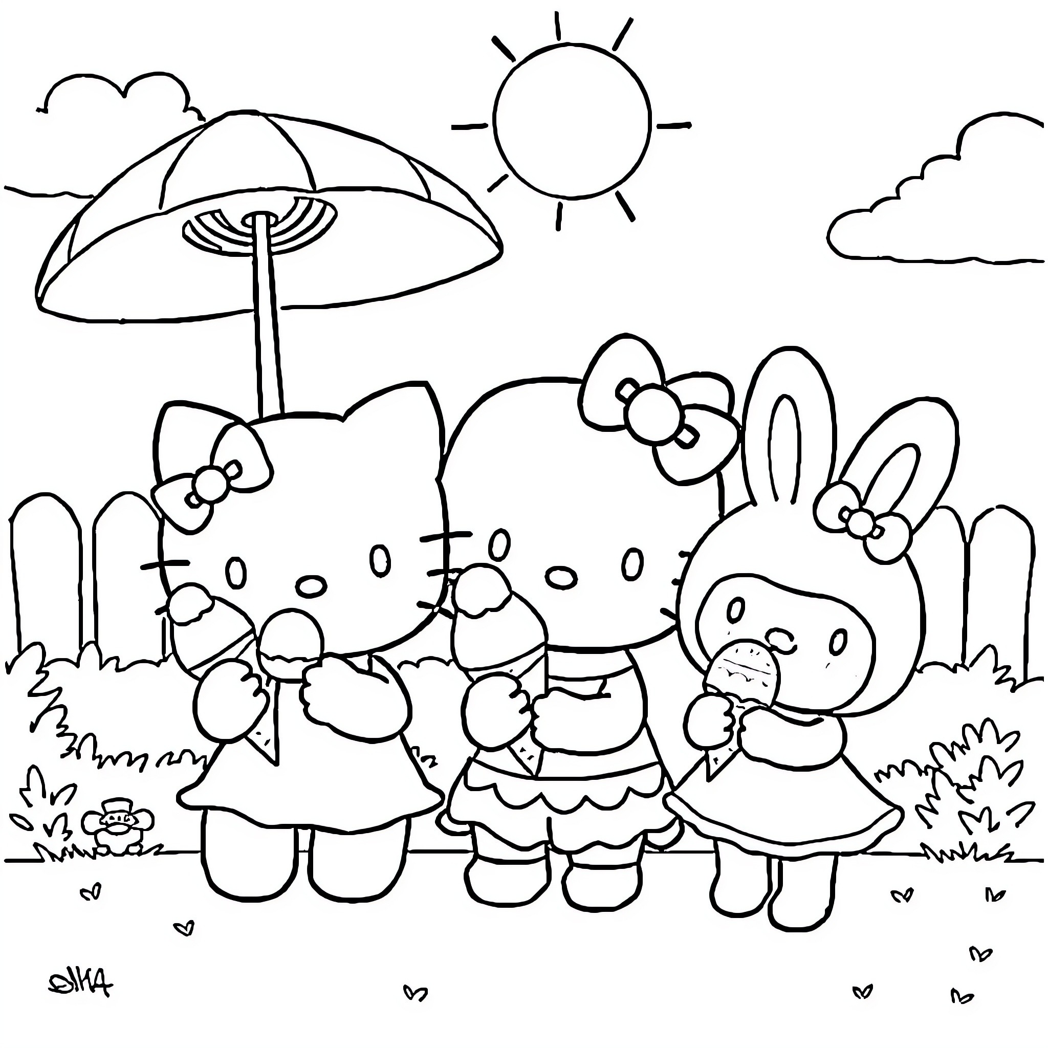 Hello Kitty and friends enjoying a sunny day Coloring Page (free black-and-white line drawing printable PDF for all, from beginners to advanced learners, including children, teens, adults, and seniors)